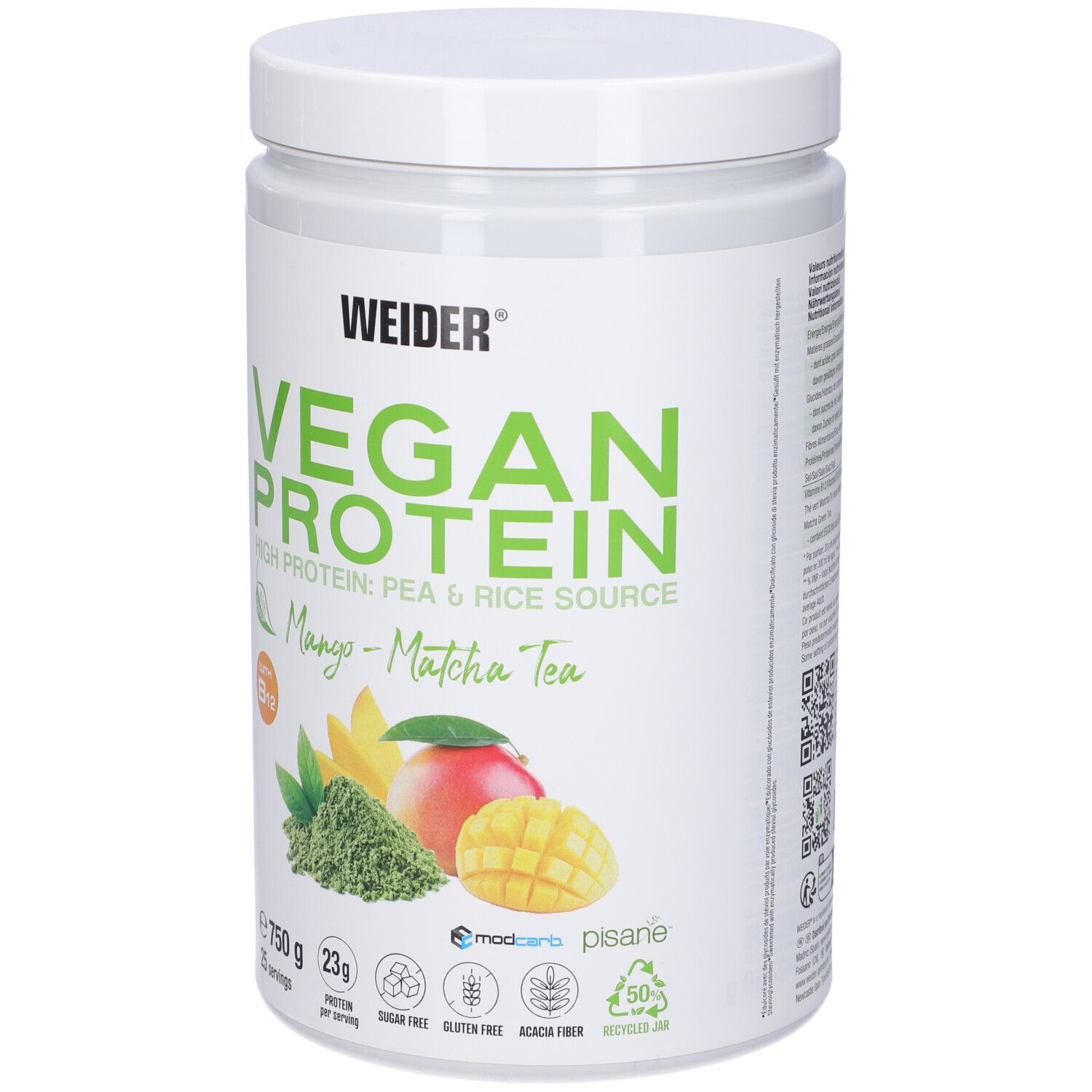 Barattolo di Weider Vegan Protein. Scritta: Vegan Protein, Mango-Matcha Tea. Immagine di mango, tè matcha e vitamina B12. 750 g.