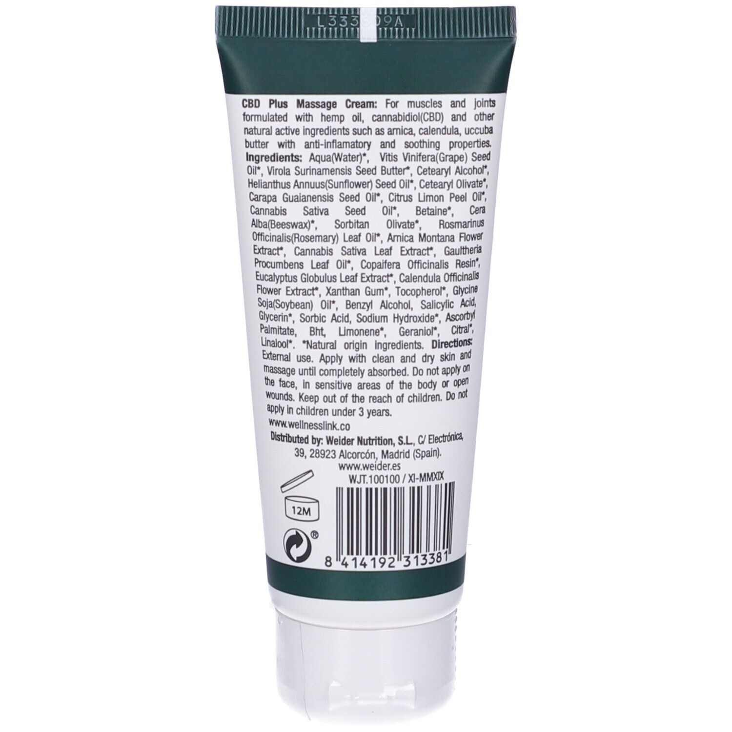 Retro del tubo di crema. Contiene ingredienti e istruzioni. Marchio: Weider. Codice a barre e simbolo 12M.