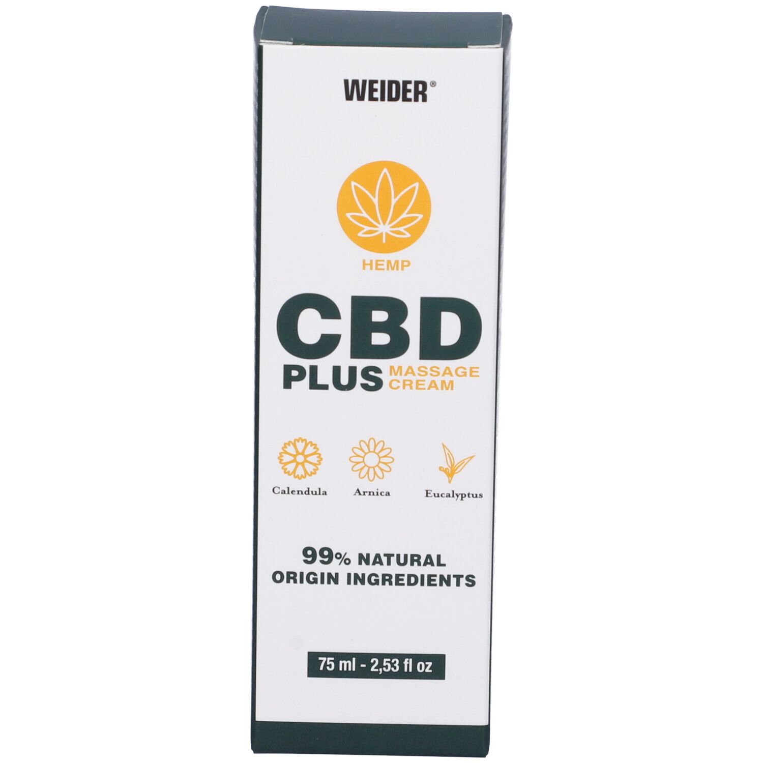 Confezione del prodotto. Scritta: WEIDER, CBD PLUS MASSAGE CREAM. Contiene canapa, calendula, arnica, eucalipto. 75 ml.