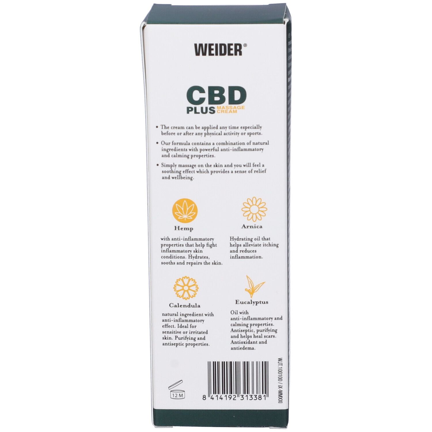 Retro della confezione del prodotto. Contiene informazioni sugli ingredienti e l'uso. Marchio: Weider.