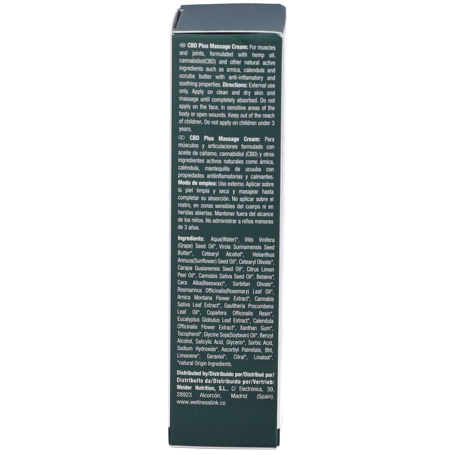 Vista laterale della confezione del prodotto. Contiene ingredienti e istruzioni. Marchio: Weider. Codice a barre.