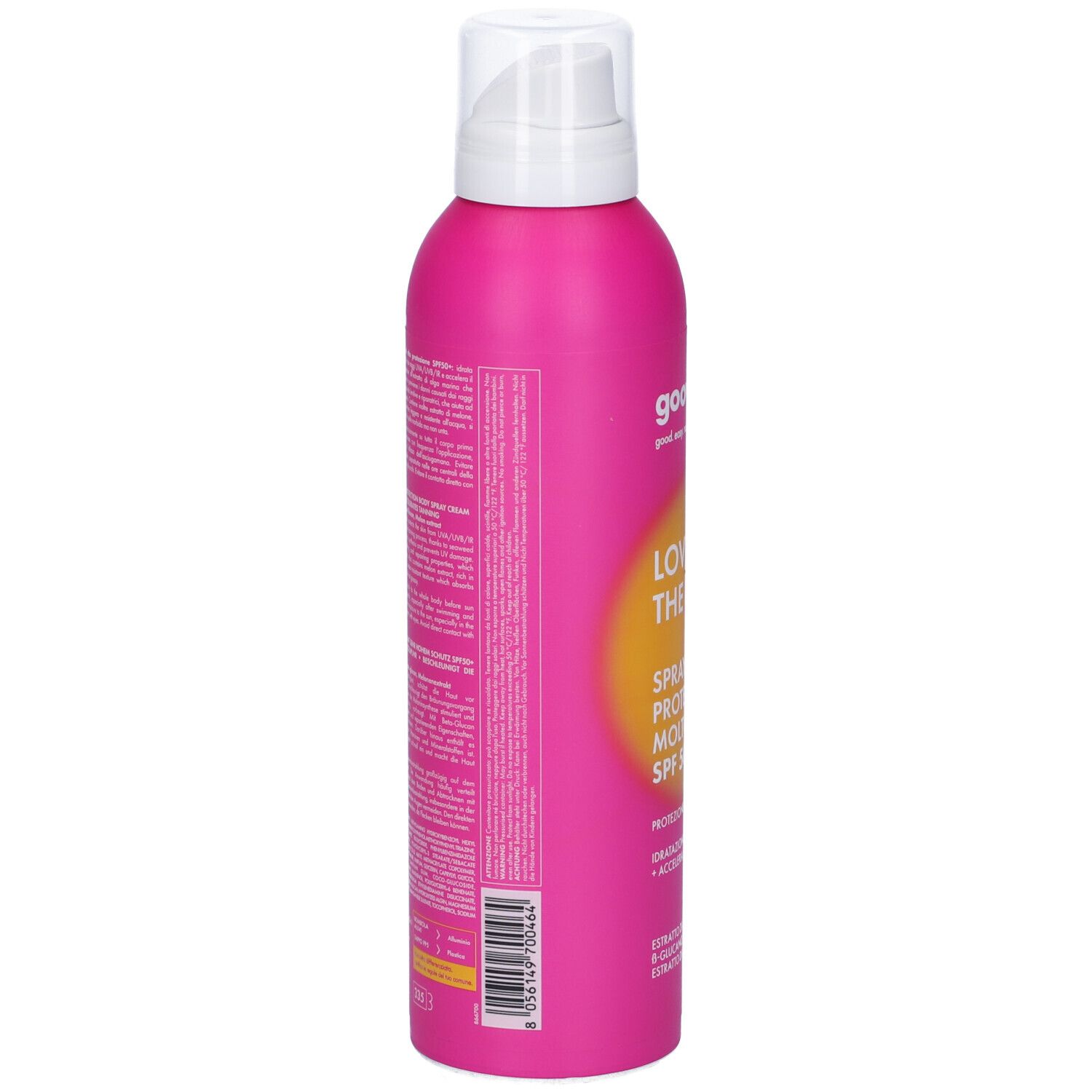 Flacone spray rosa, retro con testo. Erogatore bianco. Scritta: Goovi.
