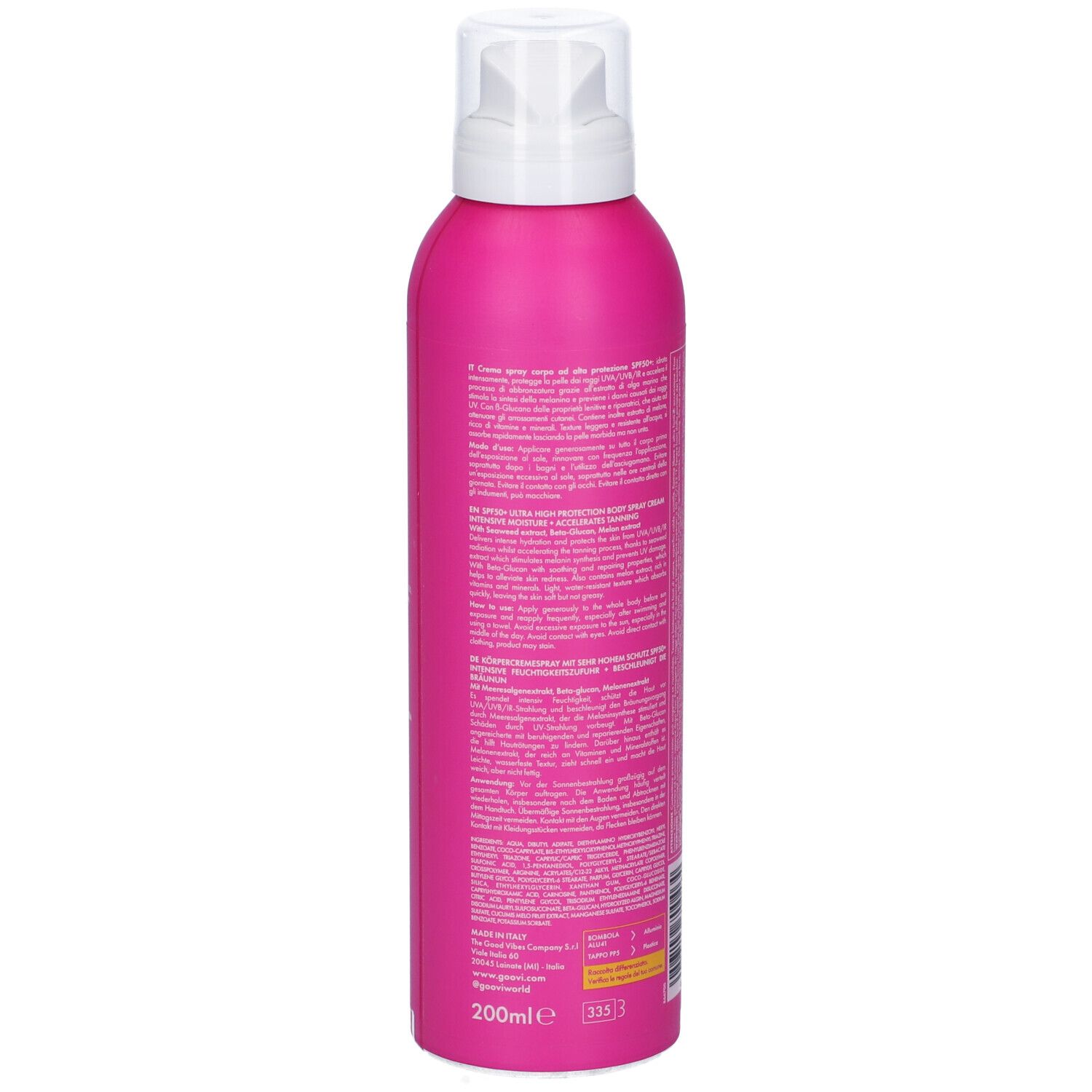 Flacone spray rosa, retro con testo. Erogatore bianco. Scritta: 200ml.