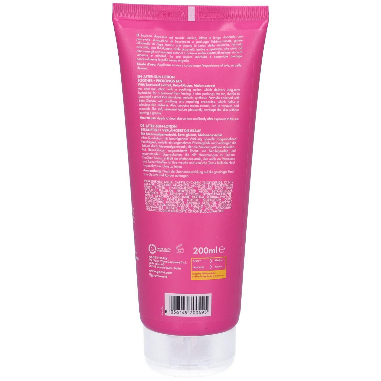 Retro del tubo rosa. Testo, 200ml, codice a barre, ingredienti.