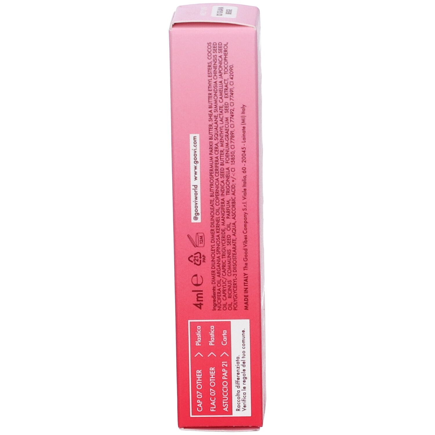 Scatola con ingredienti e informazioni. Tonalità rosa e rosse. Scritta: 4ml, Plastica, Carta.