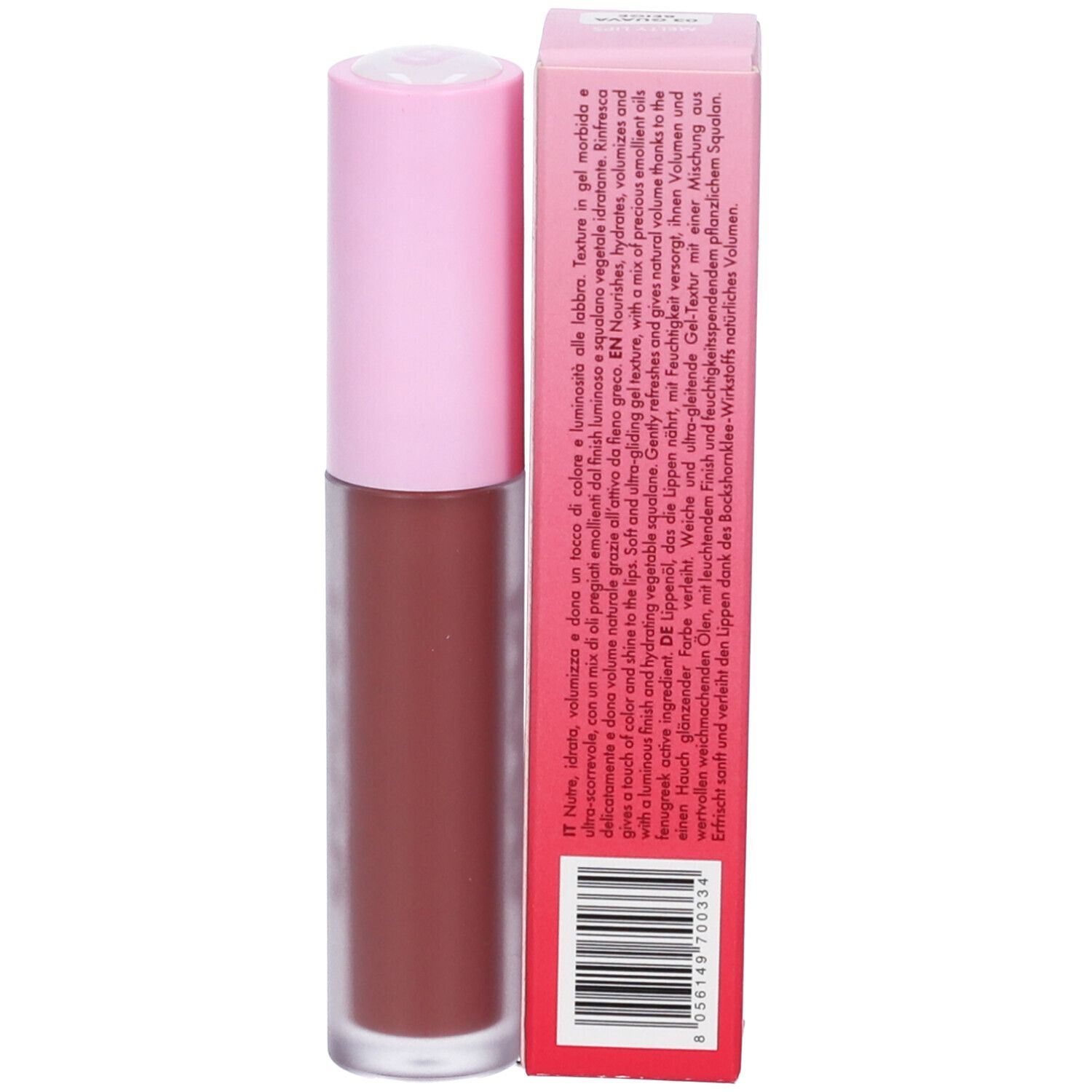 Olio labbra con confezione. Tappo rosa, flacone trasparente. Scritta: Goovi, Melty Lips, Lip Oil, Idratata + Volumizza.
