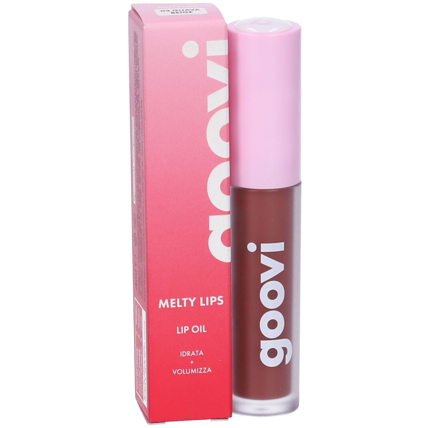 Olio labbra con confezione. Tappo rosa, flacone trasparente. Scritta: Goovi, Melty Lips, Lip Oil, Idratata + Volumizza.
