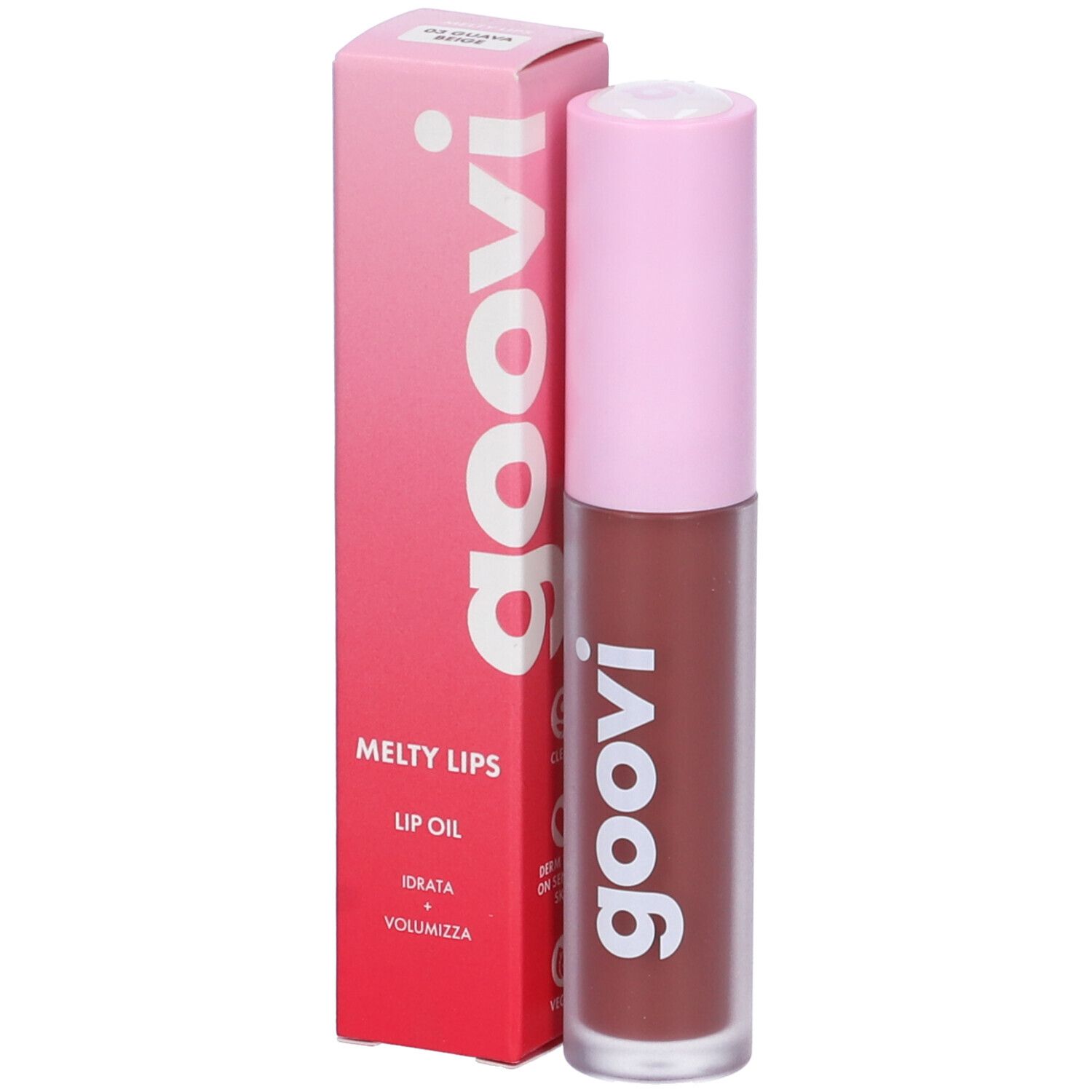 Olio labbra con confezione. Tappo rosa, flacone trasparente. Scritta: Goovi, Melty Lips, Lip Oil, Idratata + Volumizza.