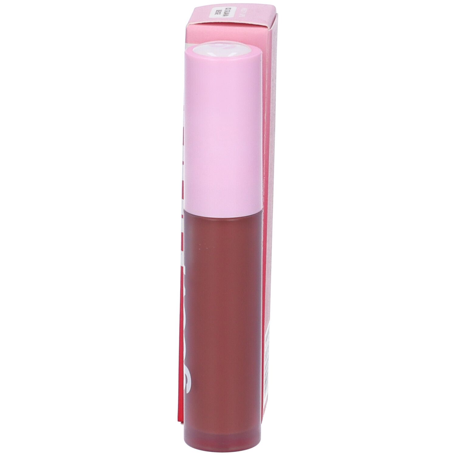 Olio labbra con confezione. Tappo rosa, flacone trasparente. Scritta: Goovi.