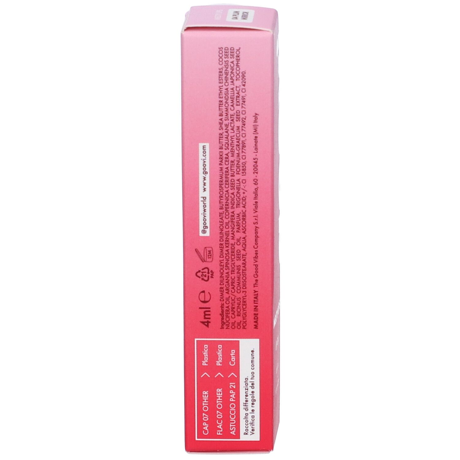 Confezione rosa con informazioni prodotto. Scritta: 4ml, ingredienti, www.gooviworld.com, Made in Italy, istruzioni riciclo.
