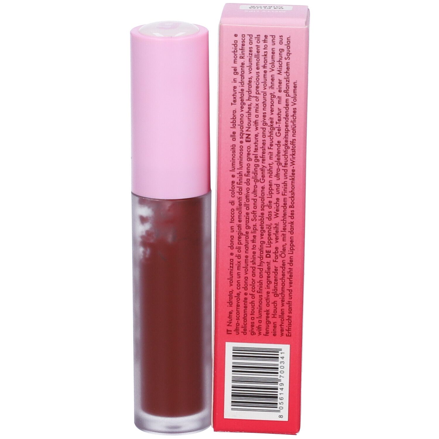 Goovi Melty Lips Lip Oil e confezione. Testo: IT: Idratata, volumizza, dona colore e lucentezza. FR: Nourrit, hydrate, volumise et fait briller.