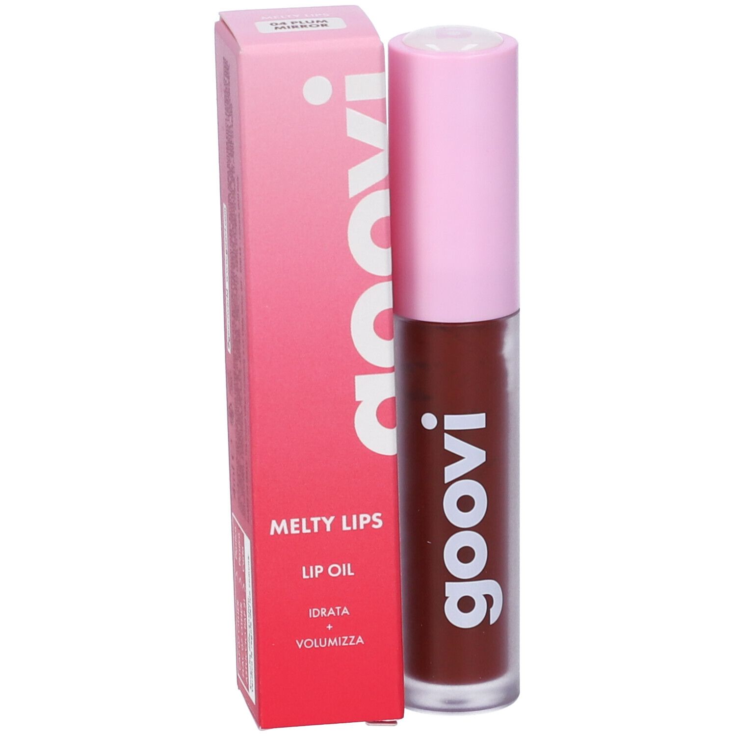 Goovi Melty Lips Lip Oil. Confezione rosa con prodotto. Scritta: Goovi, Melty Lips, Lip Oil, Idratata, Volumizza.