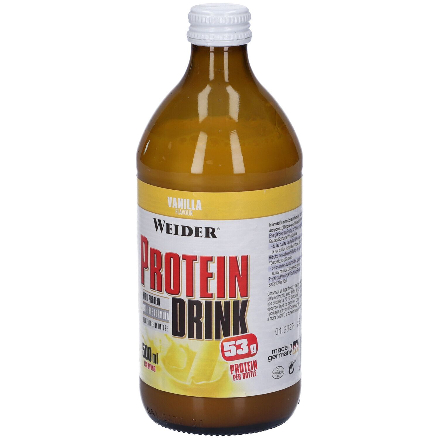 Bottiglia di vetro marrone con tappo bianco. Etichetta con "Weider Protein Drink", "Vanilla Flavour" e "500ml".