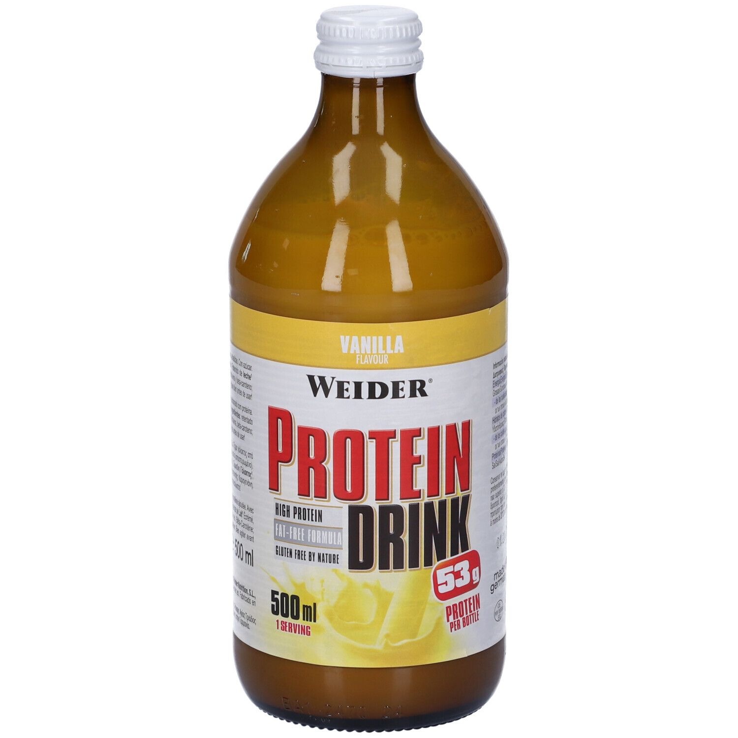 Bottiglia di vetro marrone con tappo bianco. Etichetta con "Weider Protein Drink", "Vanilla Flavour" e "500ml".