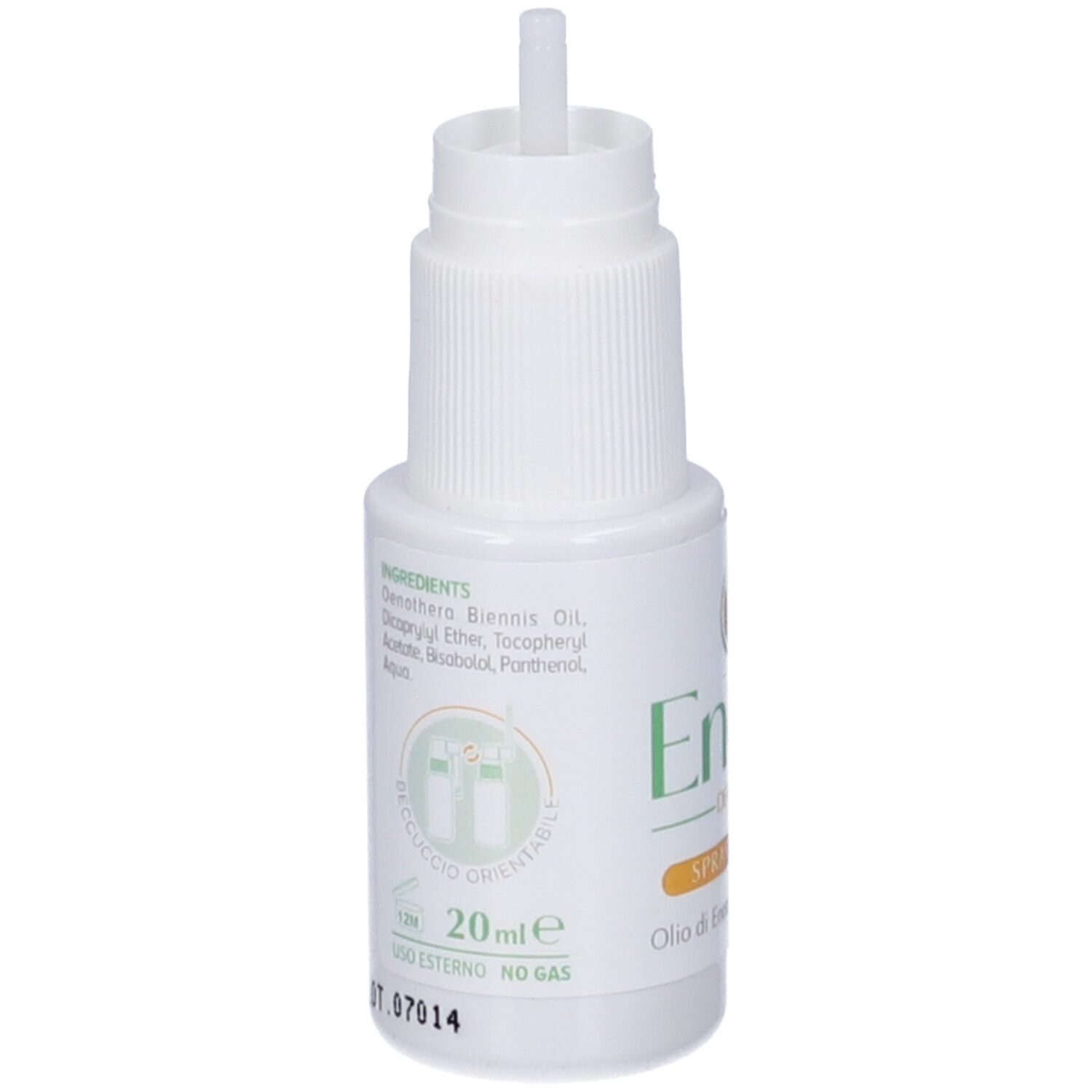 Flacone bianco con applicatore. Scritte: Ingredienti, 20 ml, Uso Esterno, No Gas. Logo con cerchi verdi.