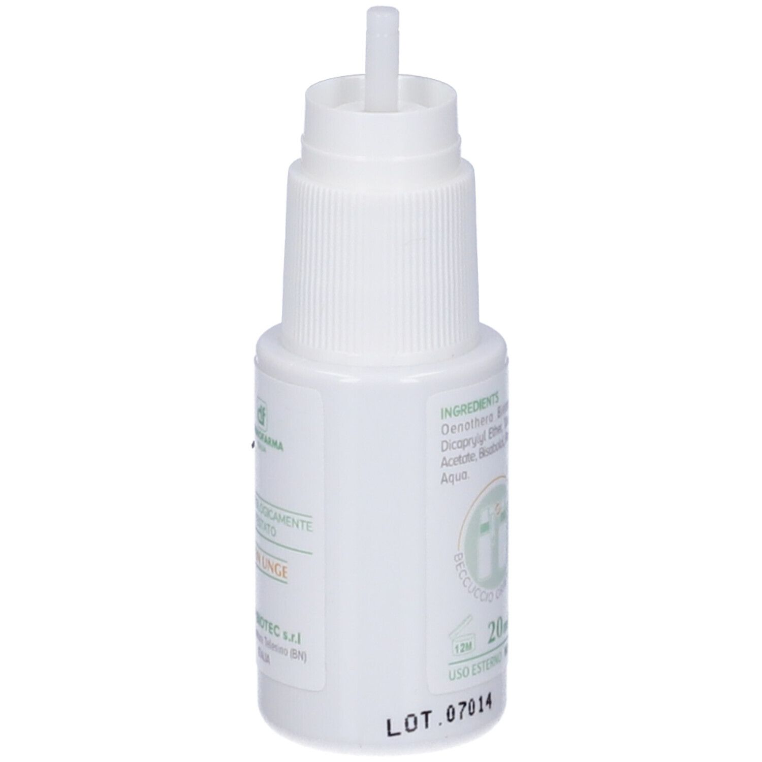 Flacone bianco con applicatore. Scritte: Ingredienti, 20 ml, Uso Esterno. Logo con cerchi verdi. Numero di lotto.