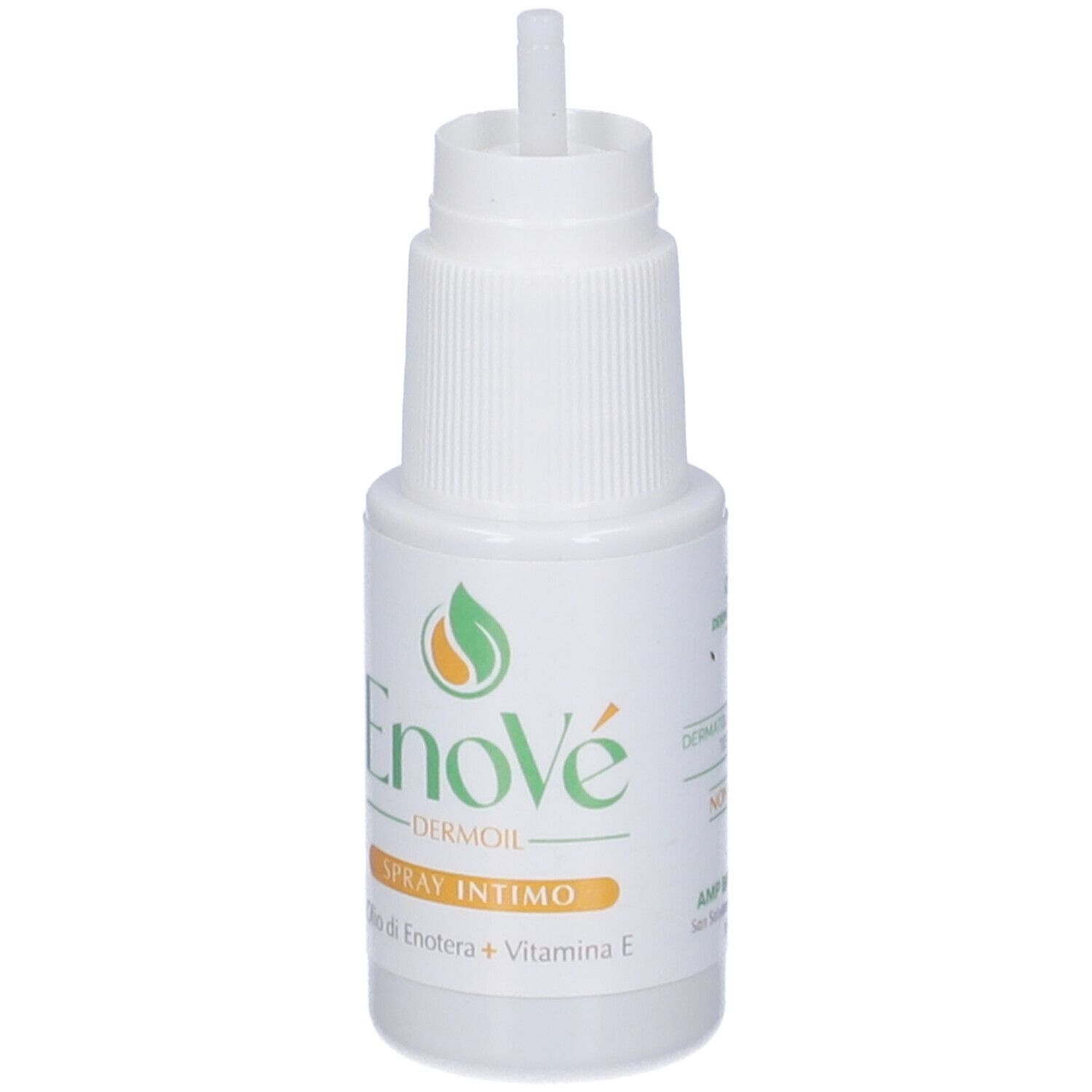 Flacone bianco con applicatore. Scritte: Enove, Dermoil, Spray Intimo. Contiene olio e vitamina E. Logo verde-arancione.