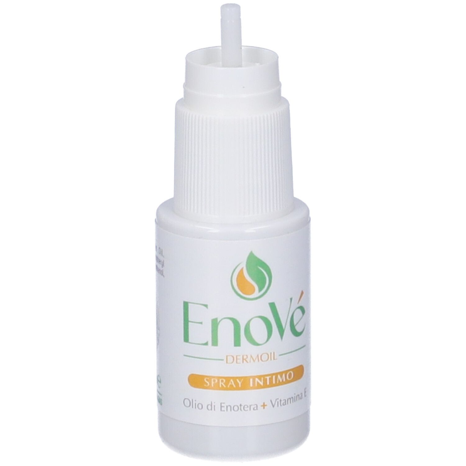 Flacone bianco con applicatore. Scritte: Enove, Dermoil, Spray Intimo. Contiene olio e vitamina E. Logo verde-arancione.