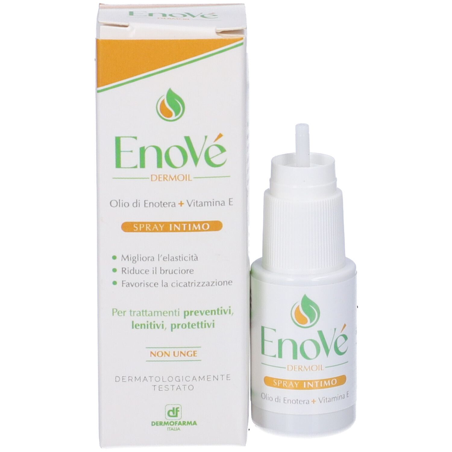 Prodotto e confezione. Flacone bianco con applicatore e scatola. Scritte: Enove, Dermoil, Spray Intimo. Logo verde-arancione.
