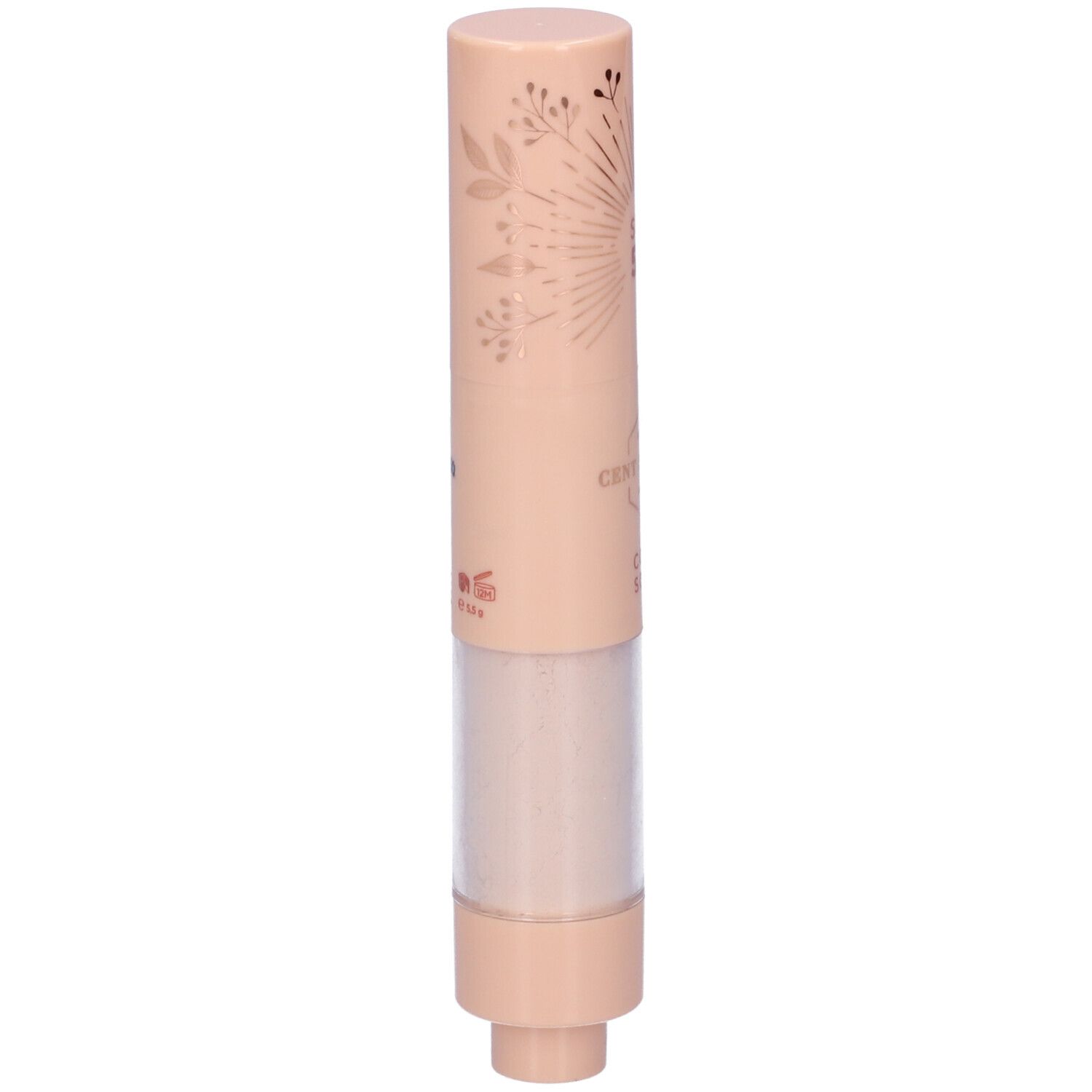 Pennello solare. Contenitore beige con prodotto e parte trasparente. Scritta: Cent Pur Cent, Coupe Soleil. Con SPF 50.