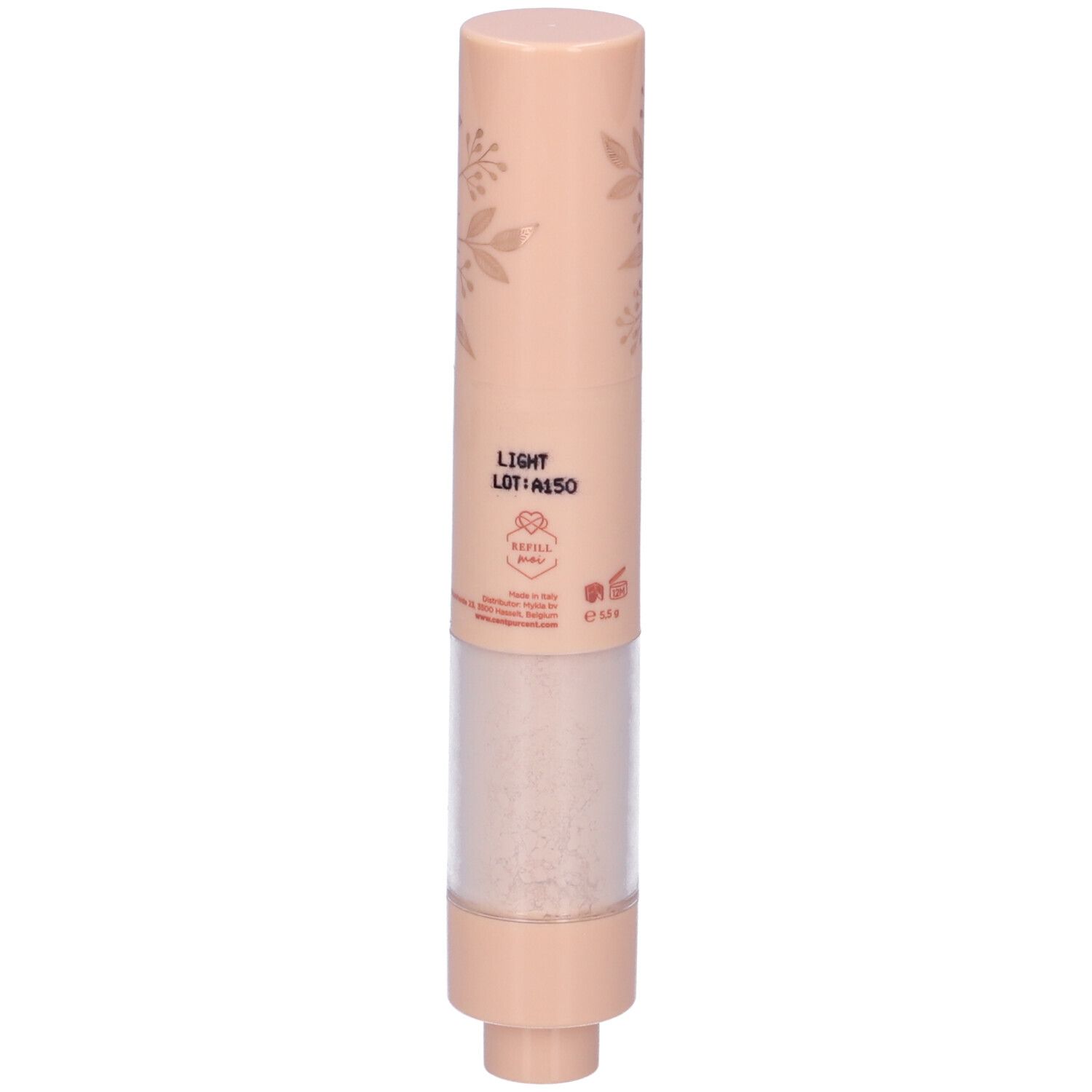 Pennello solare. Contenitore beige con prodotto e parte trasparente. Scritta: Light. Con SPF 50. Marchio: Cent Pur Cent.