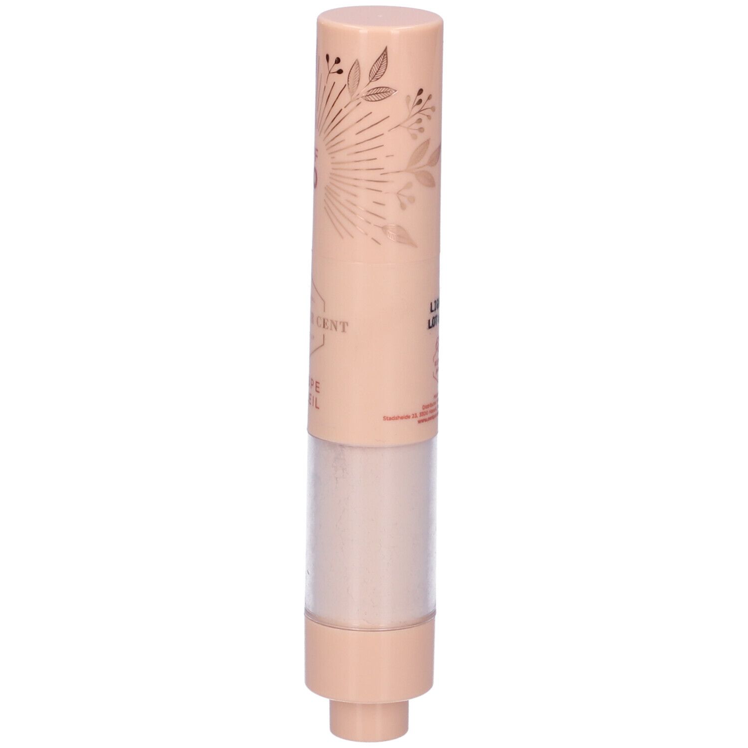 Pennello solare. Contenitore beige con prodotto e parte trasparente. Scritta: Cent Pur Cent, Coupe Soleil. Con SPF 50.