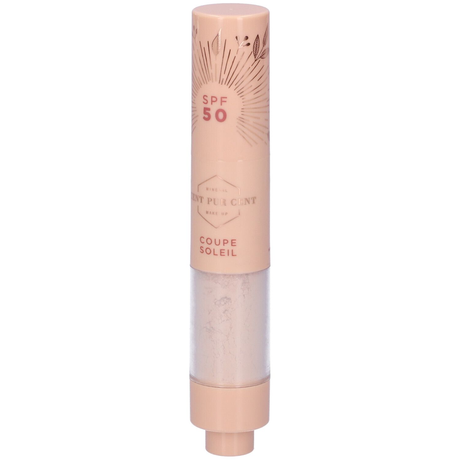 Pennello solare SPF 50. Contenitore beige con prodotto e parte trasparente. Scritta: Cent Pur Cent, Coupe Soleil.
