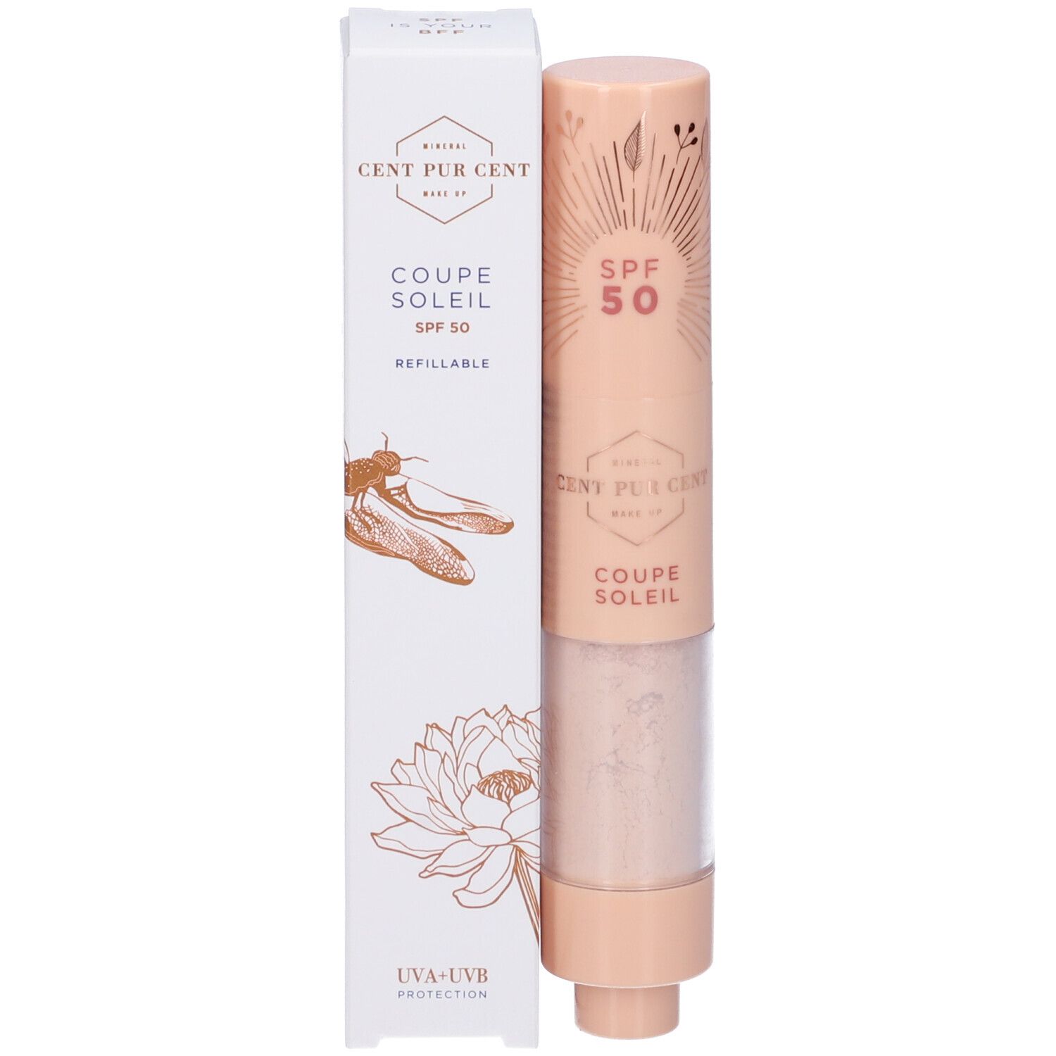 Pennello solare e confezione. Contenitore beige con prodotto e parte trasparente. Scritta: Cent Pur Cent, Coupe Soleil, SPF 50.