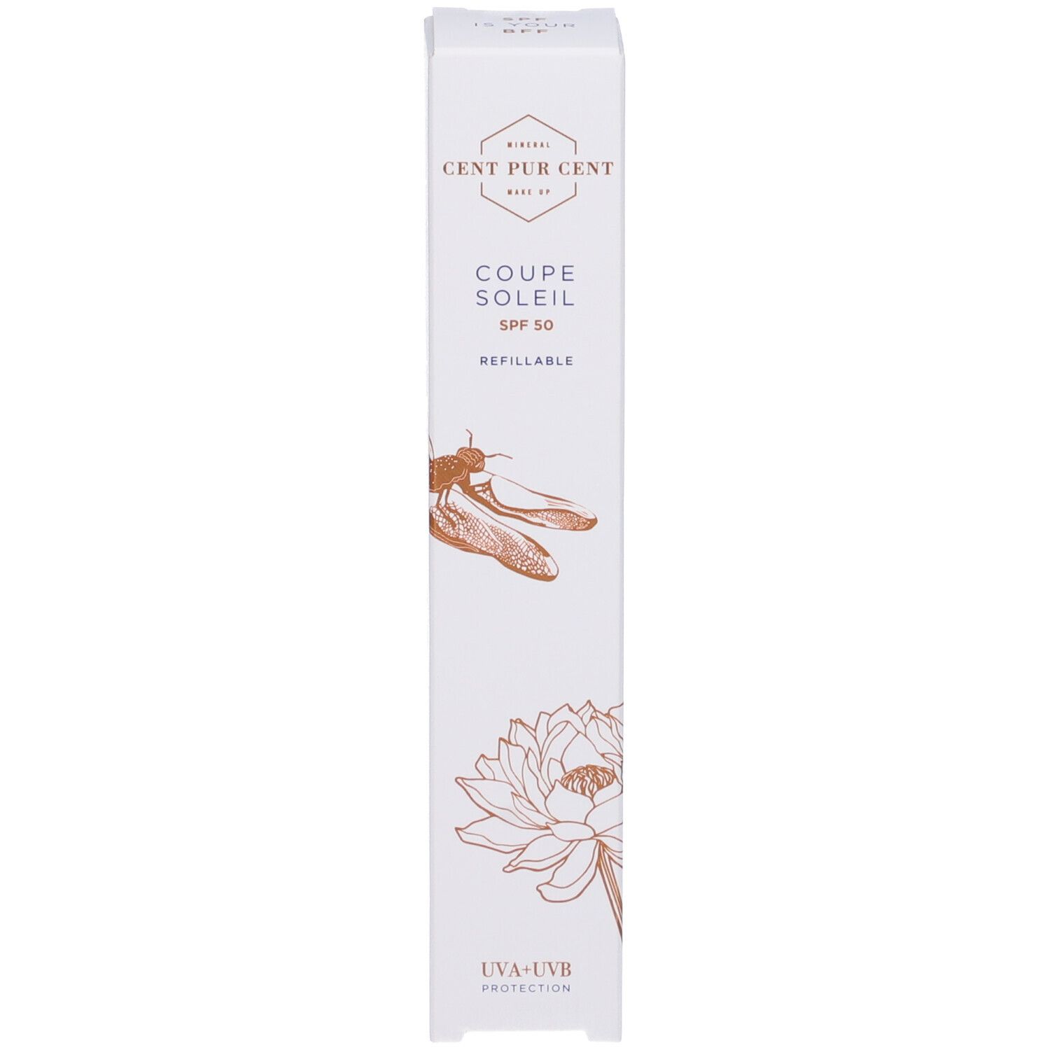 Confezione. Scritta: Cent Pur Cent, Coupe Soleil, SPF 50. Illustrazioni di fiori e insetti.