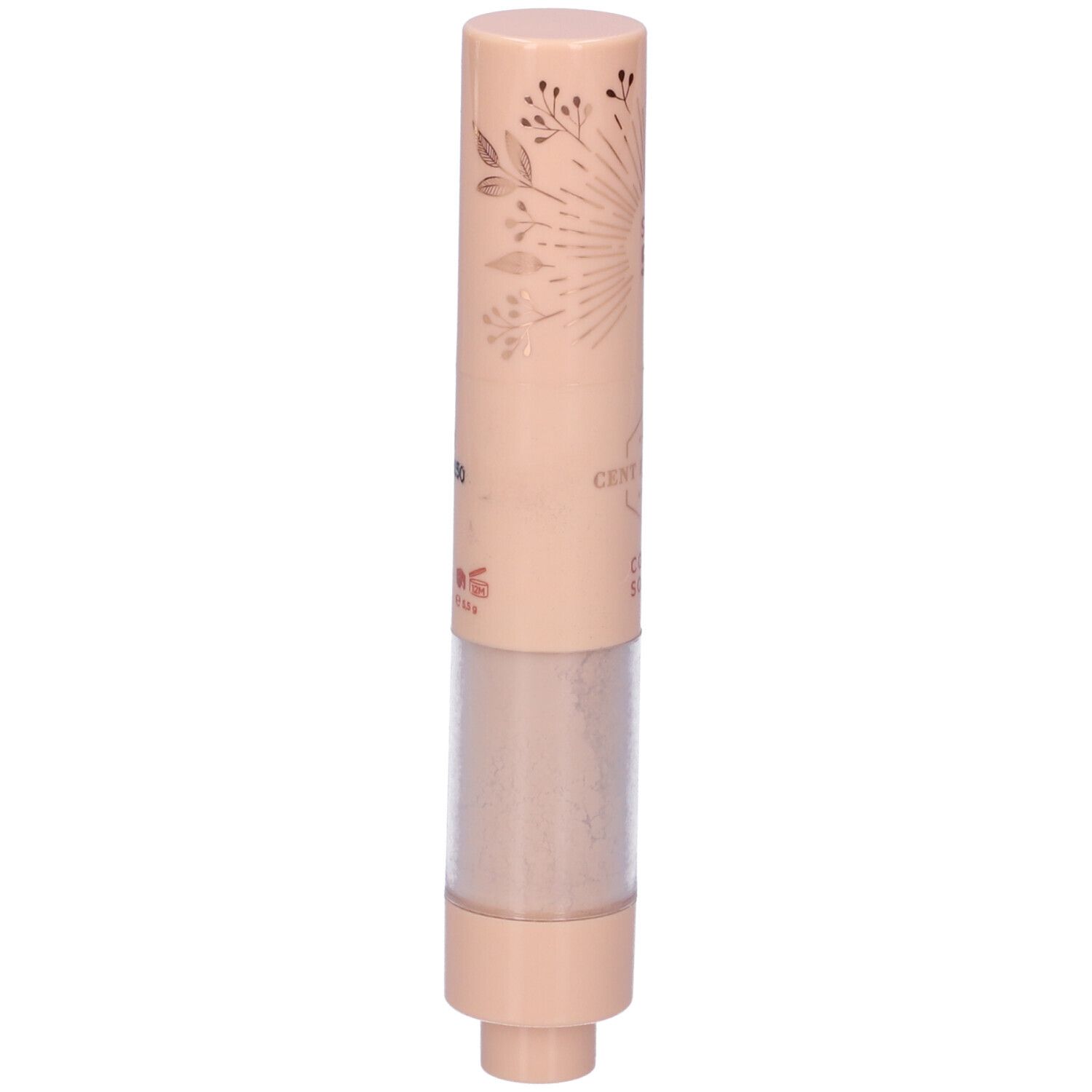 Pennello solare. Cent Pur Cent. Contenitore beige con motivo floreale e prodotto. Cilindrico.