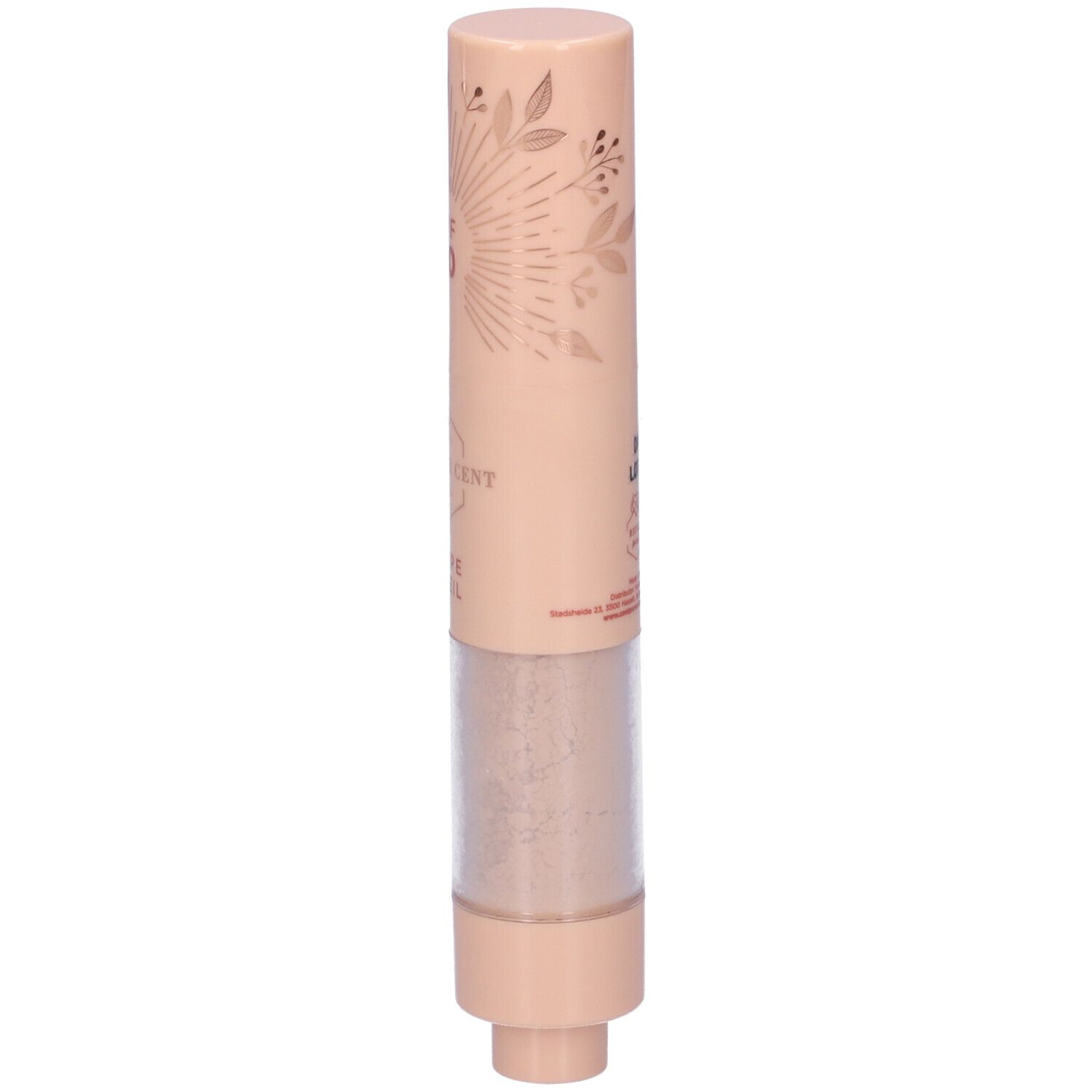 Pennello solare. Cent Pur Cent. Contenitore beige con motivo floreale e prodotto. Cilindrico.