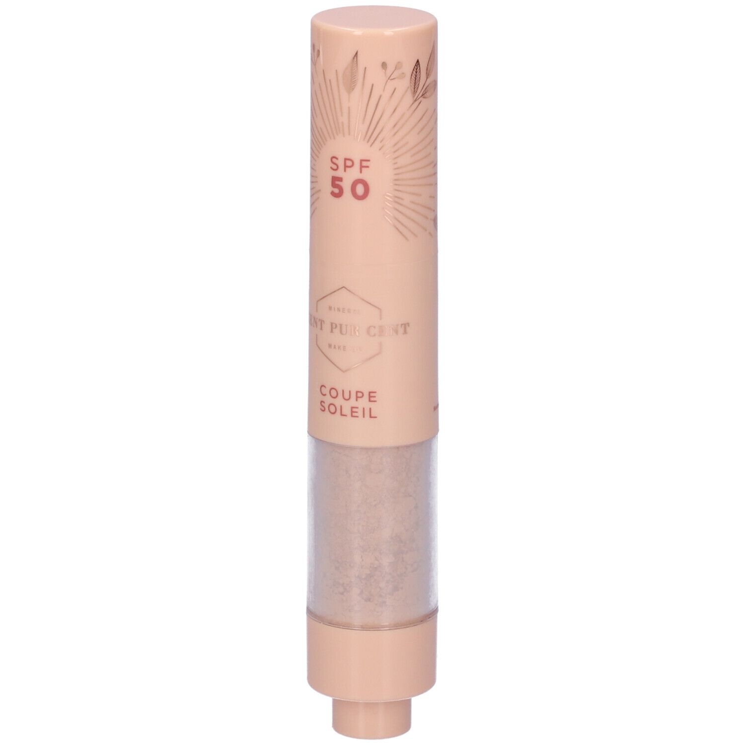 Pennello solare SPF 50. Cent Pur Cent. Contenitore beige, prodotto e polvere visibili. Cilindrico.