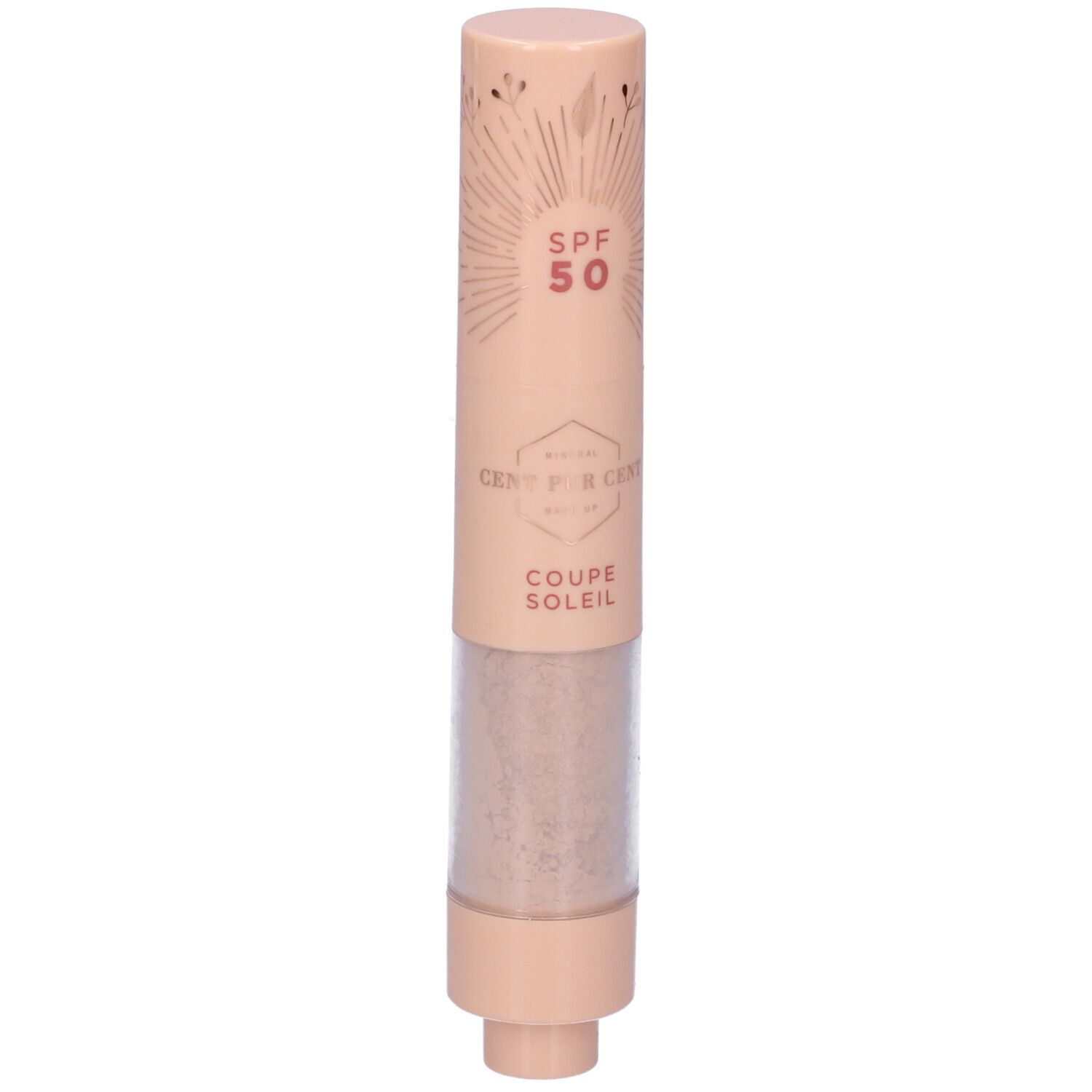 Pennello solare SPF 50. Cent Pur Cent. Contenitore beige, prodotto e polvere visibili. Cilindrico.