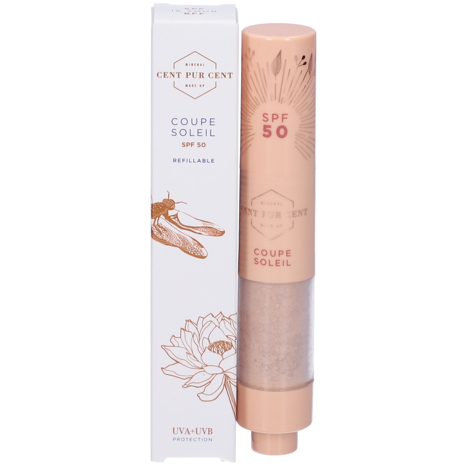 Pennello solare e confezione. Cent Pur Cent. SPF 50. Pennello beige, scatola bianca con illustrazioni.