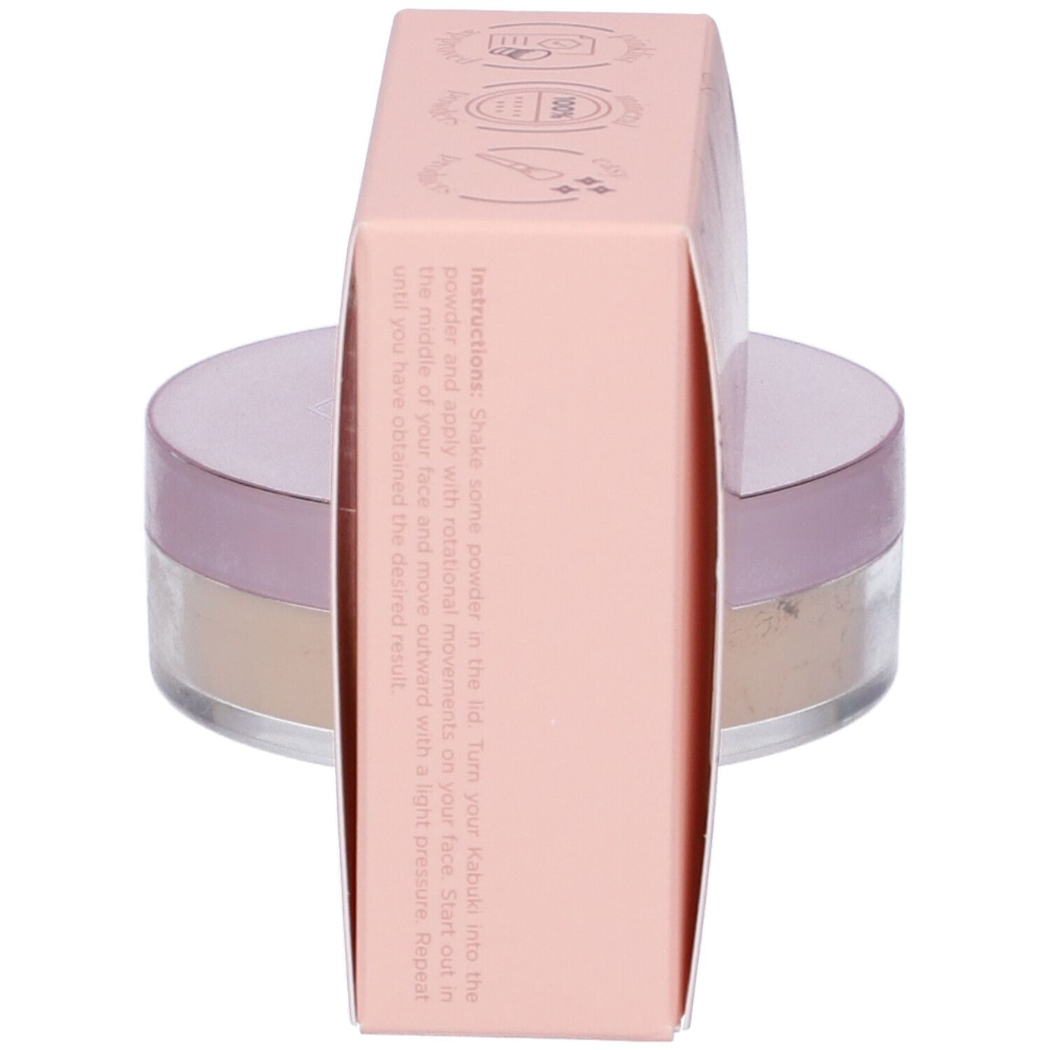 Confezione e barattolo di fondotinta in polvere. Confezione con testo e logo. Barattolo con coperchio rosa.