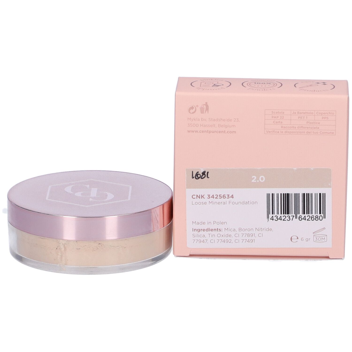 Fondotinta in polvere in barattolo e confezione. Barattolo con coperchio rosa. Confezione con logo, testo e informazioni.