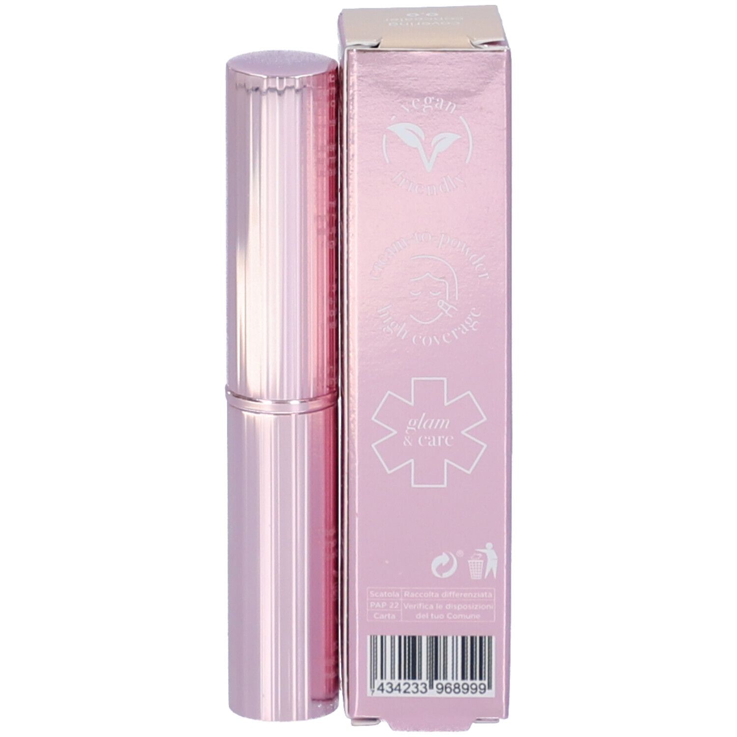 Confezione rosa con logo, testo e simboli. Sigillo vegano e logo 'glam + care'.