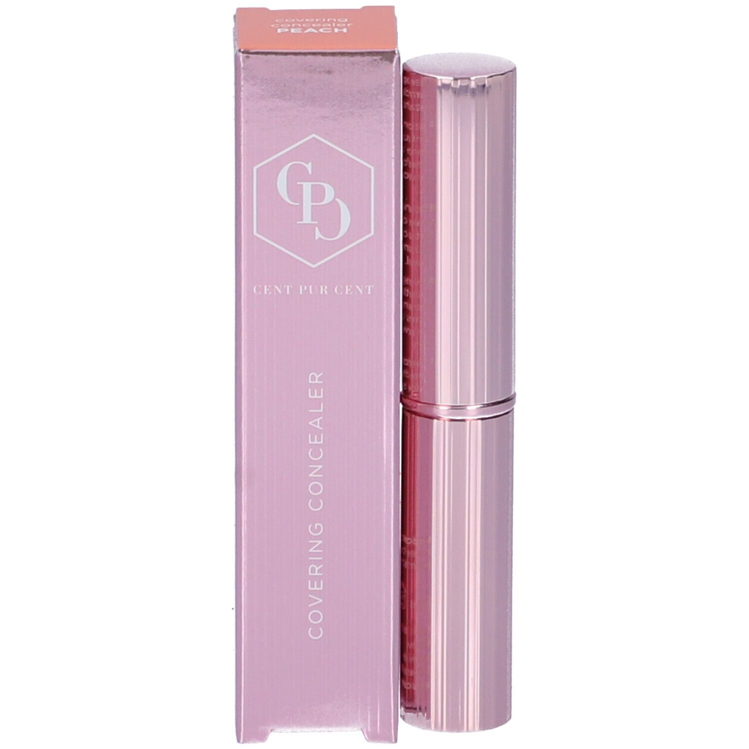 Correttore rosa e confezione. Sulla confezione c'è scritto "Covering Concealer" e "Peach".