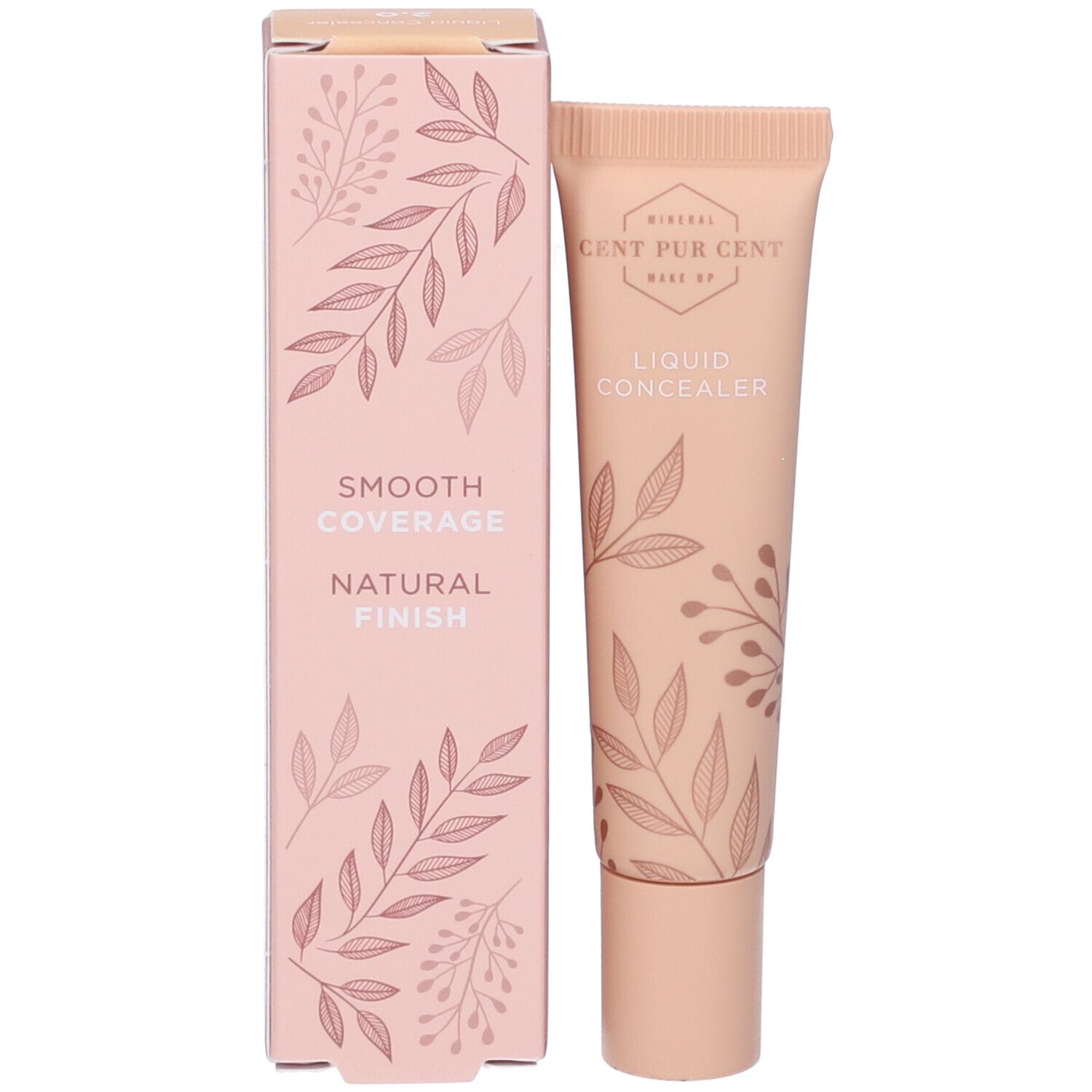 Prodotto e confezione. Tubo e scatola rosa. Scritta: Smooth Coverage, Natural Finish. Motivi floreali.