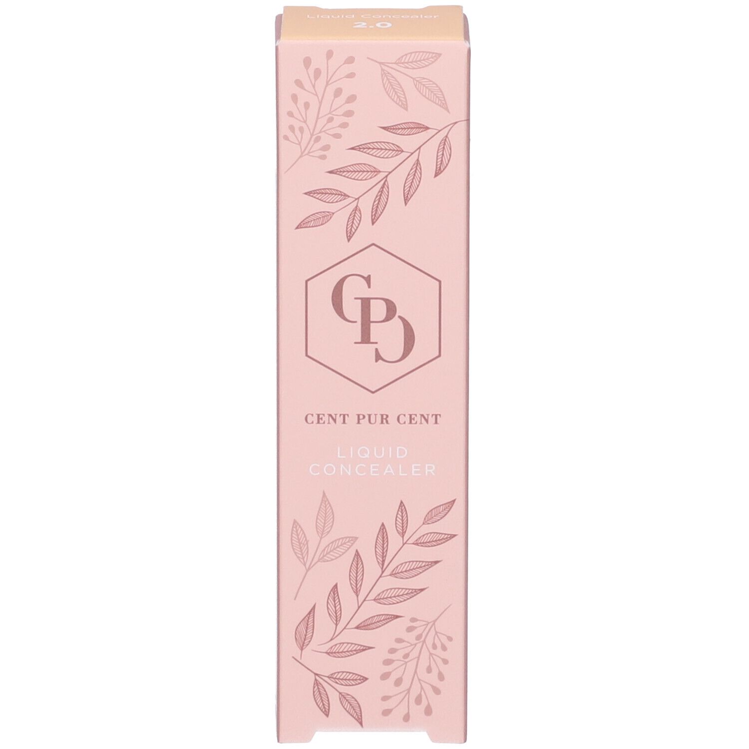 Scatola rosa con motivo floreale. Logo Cent Pur Cent. Scritta: Liquid Concealer. Nome del prodotto non visibile.