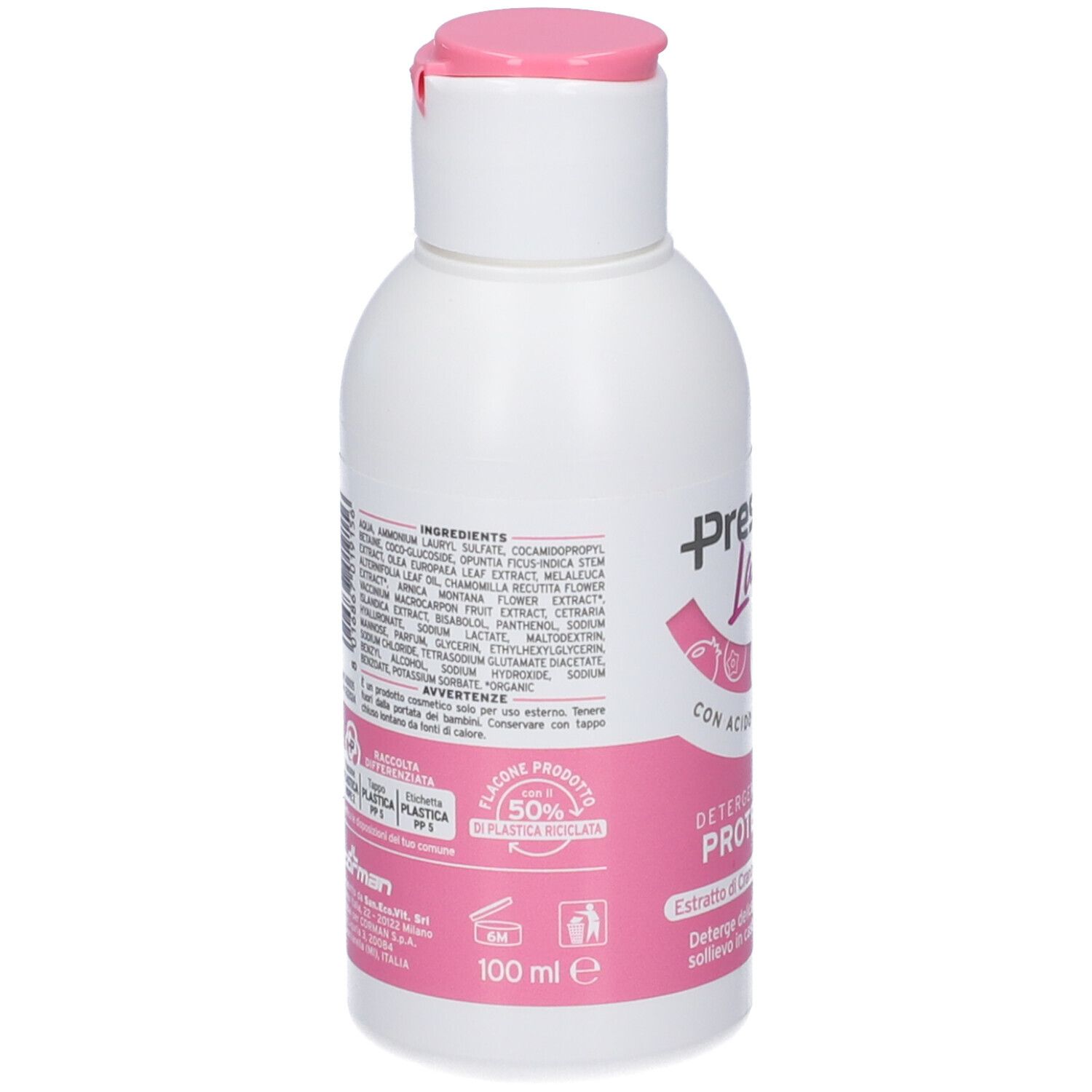 Retro del flacone. Contiene ingredienti, logo riciclo e 100 ml. Etichetta rosa con testo.