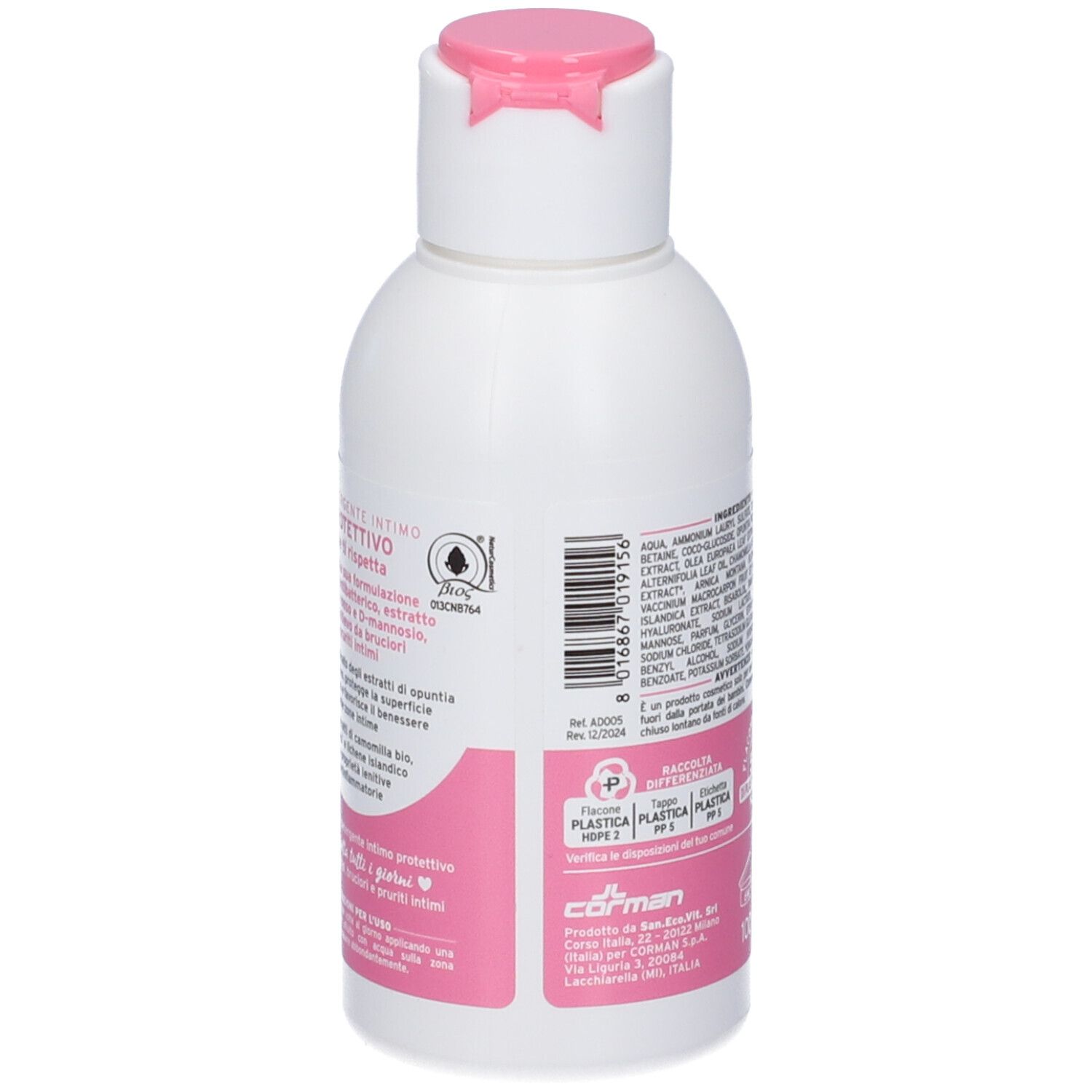 Retro del flacone. Contiene testo, codice a barre e logo riciclo. Etichetta rosa.