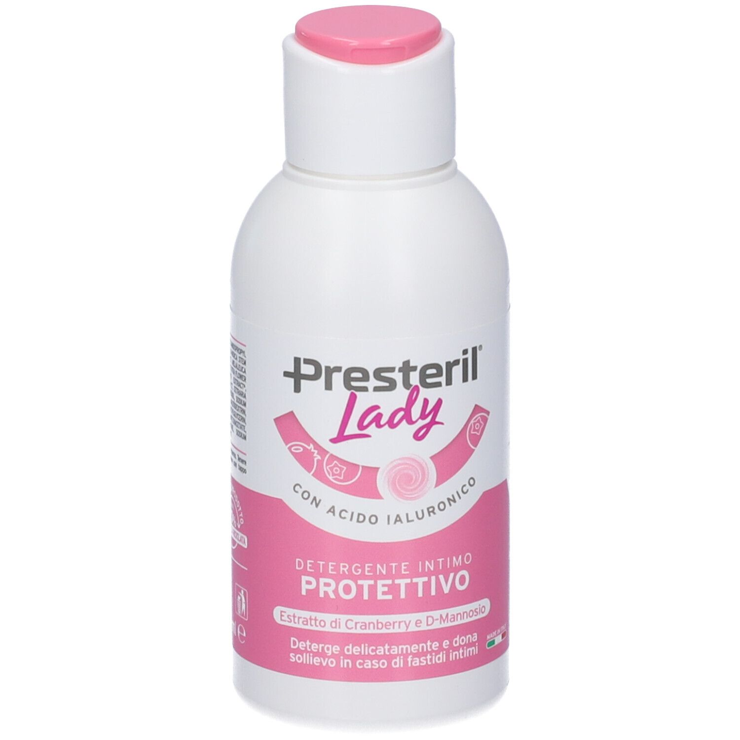 Flacone bianco con etichetta rosa e tappo a ribalta. Scritta: Presteril Lady, Detergente Intimo Protettivo.