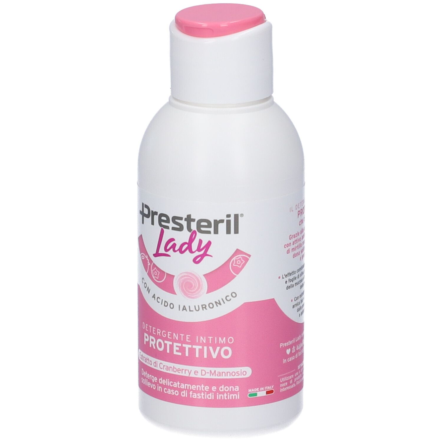 Flacone bianco con etichetta rosa e tappo a ribalta. Scritta: Presteril Lady, Detergente Intimo Protettivo.