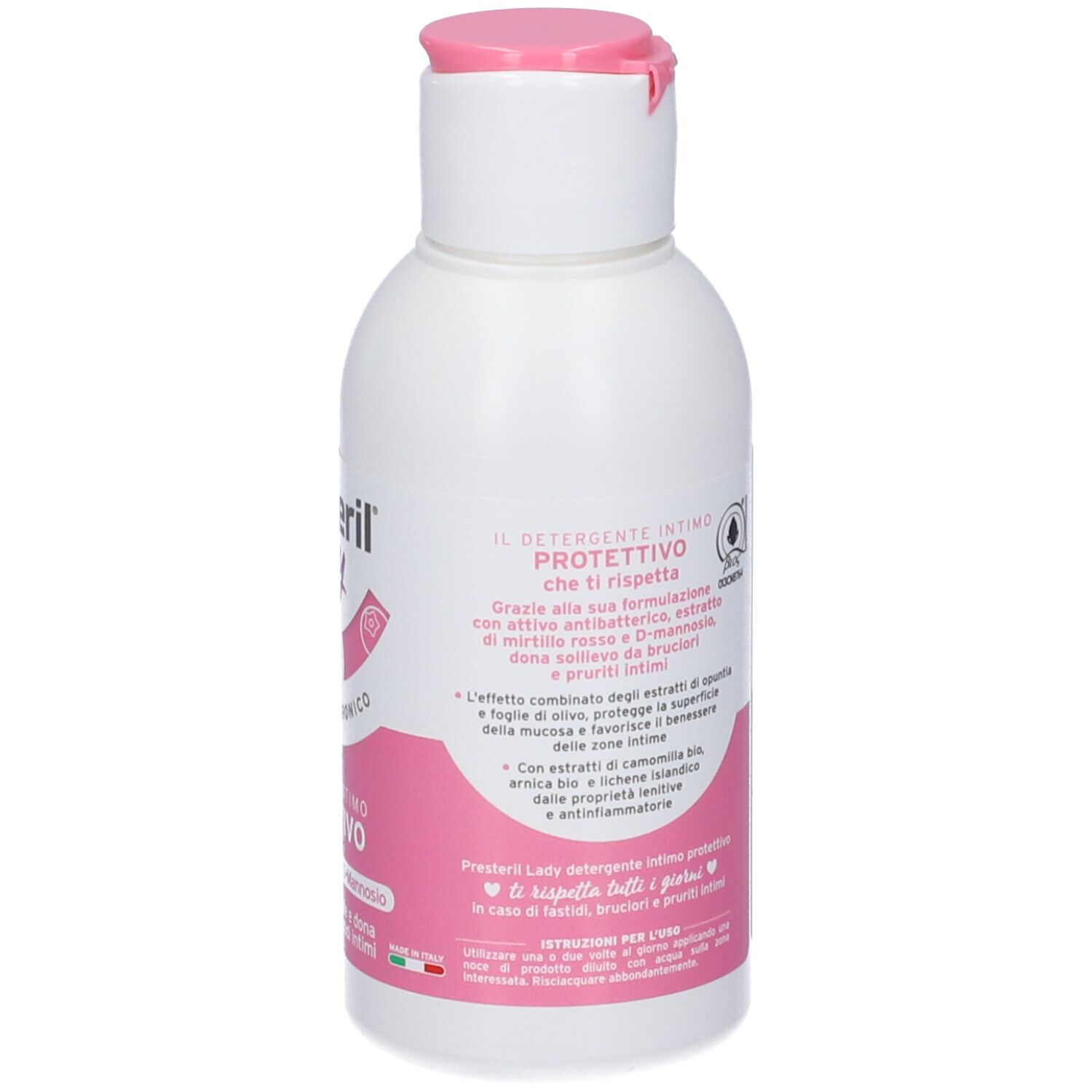 Retro del flacone. Etichetta rosa con testo. Contiene informazioni sul prodotto.