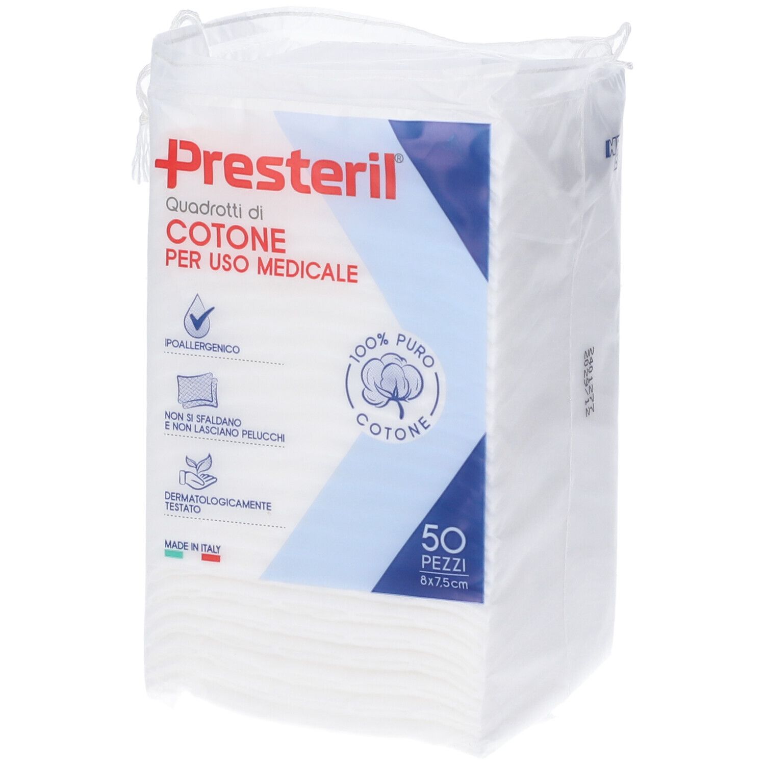 Confezione Presteril con 50 quadrati di cotone. Scritta: 100% puro cotone. Per uso medico.