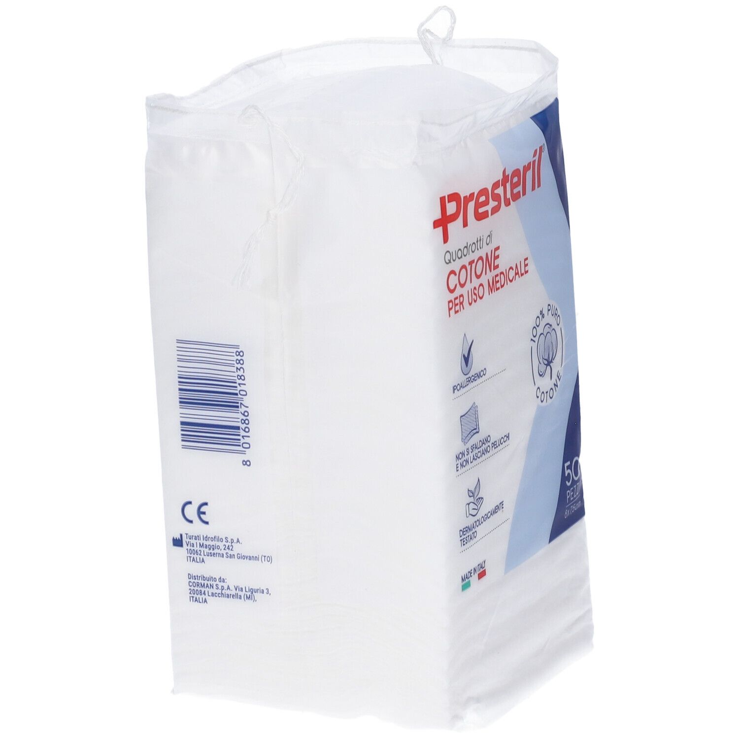 Confezione Presteril con 50 quadrati di cotone. Scritta: 100% puro cotone. Per uso medico.