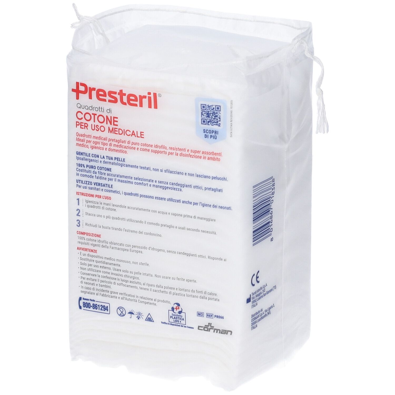 Confezione Presteril con 50 quadrati di cotone. Scritta: 100% puro cotone. Per uso medico.