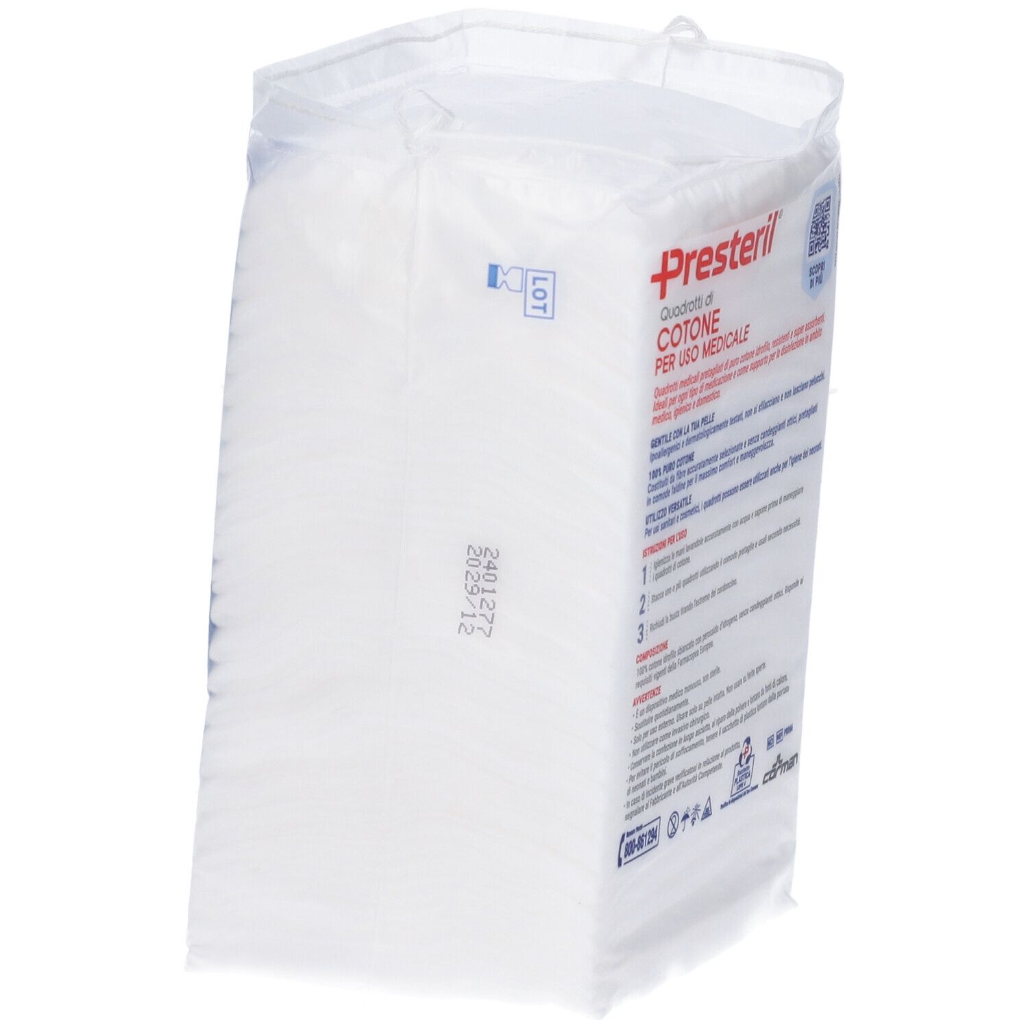 Confezione Presteril con 50 quadrati di cotone. Scritta: 100% puro cotone. Per uso medico.