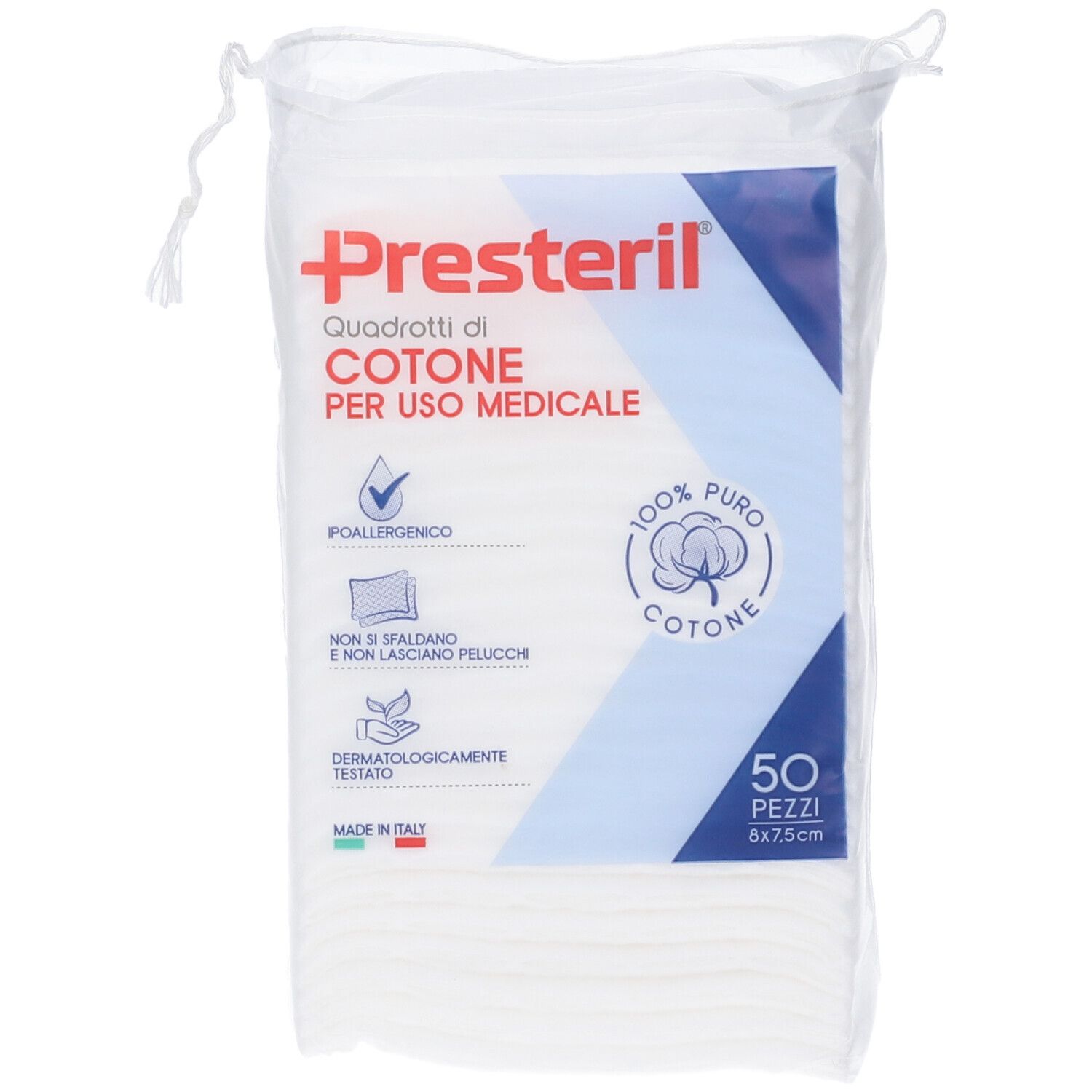 Confezione Presteril con 50 quadrati di cotone. Scritta: 100% puro cotone. Per uso medico.